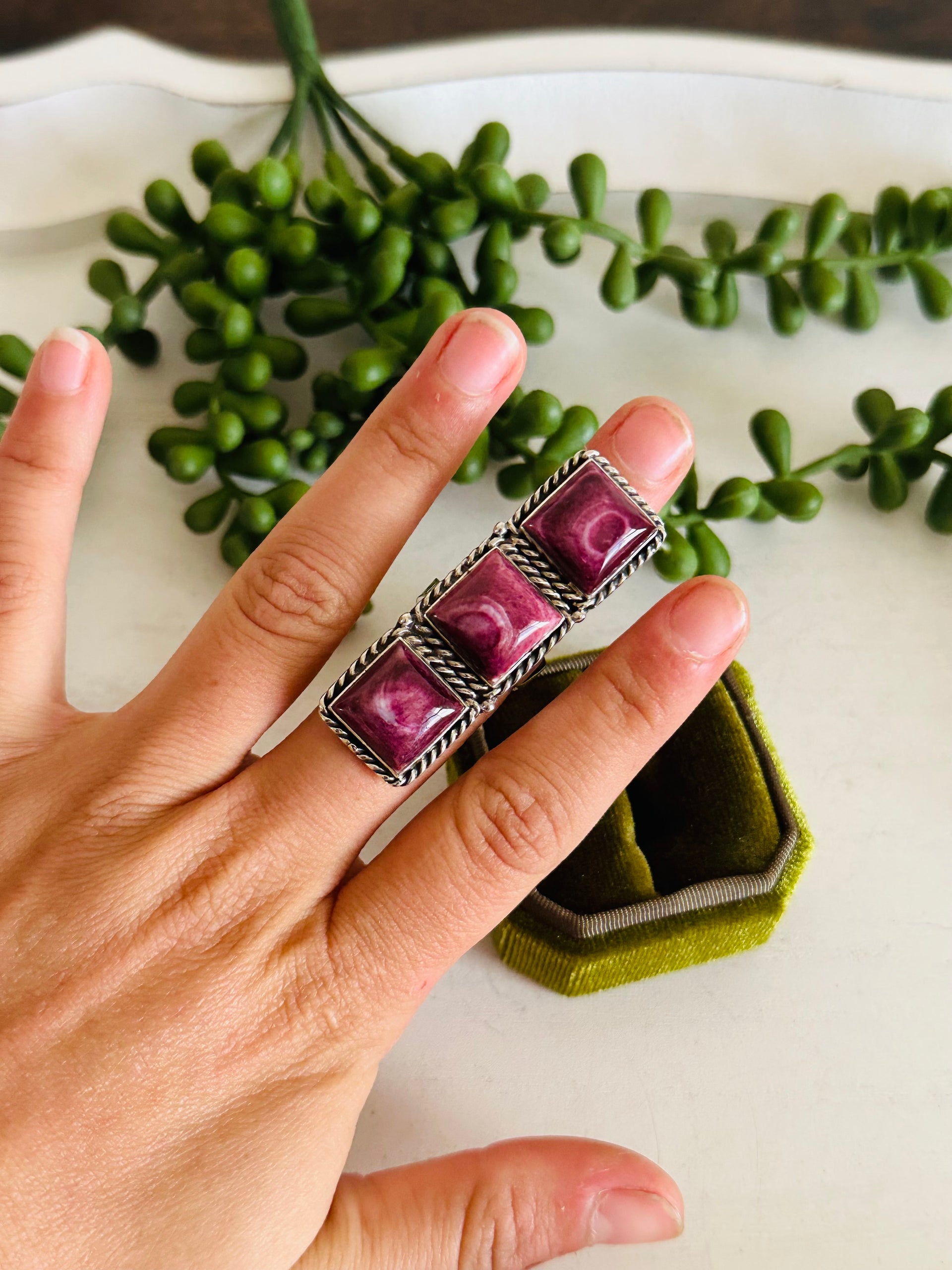 Southwest Handmade Purple Spiny Oyster & Sterling Silver Adjustable Cluster Ring
