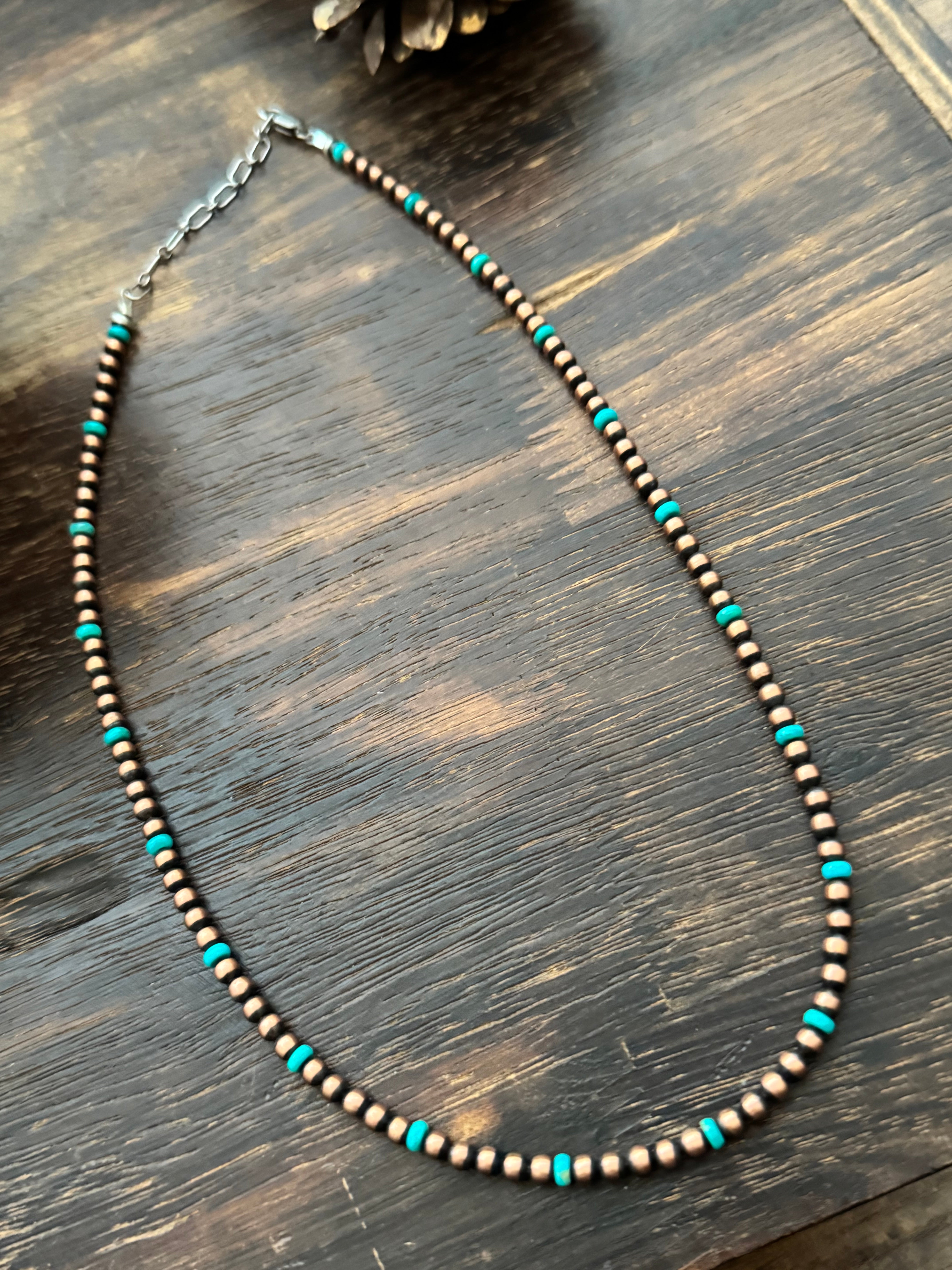 Navajo Strung Kingman Turquoise & Copper & Sterling Silver Graduated Beaded Necklace