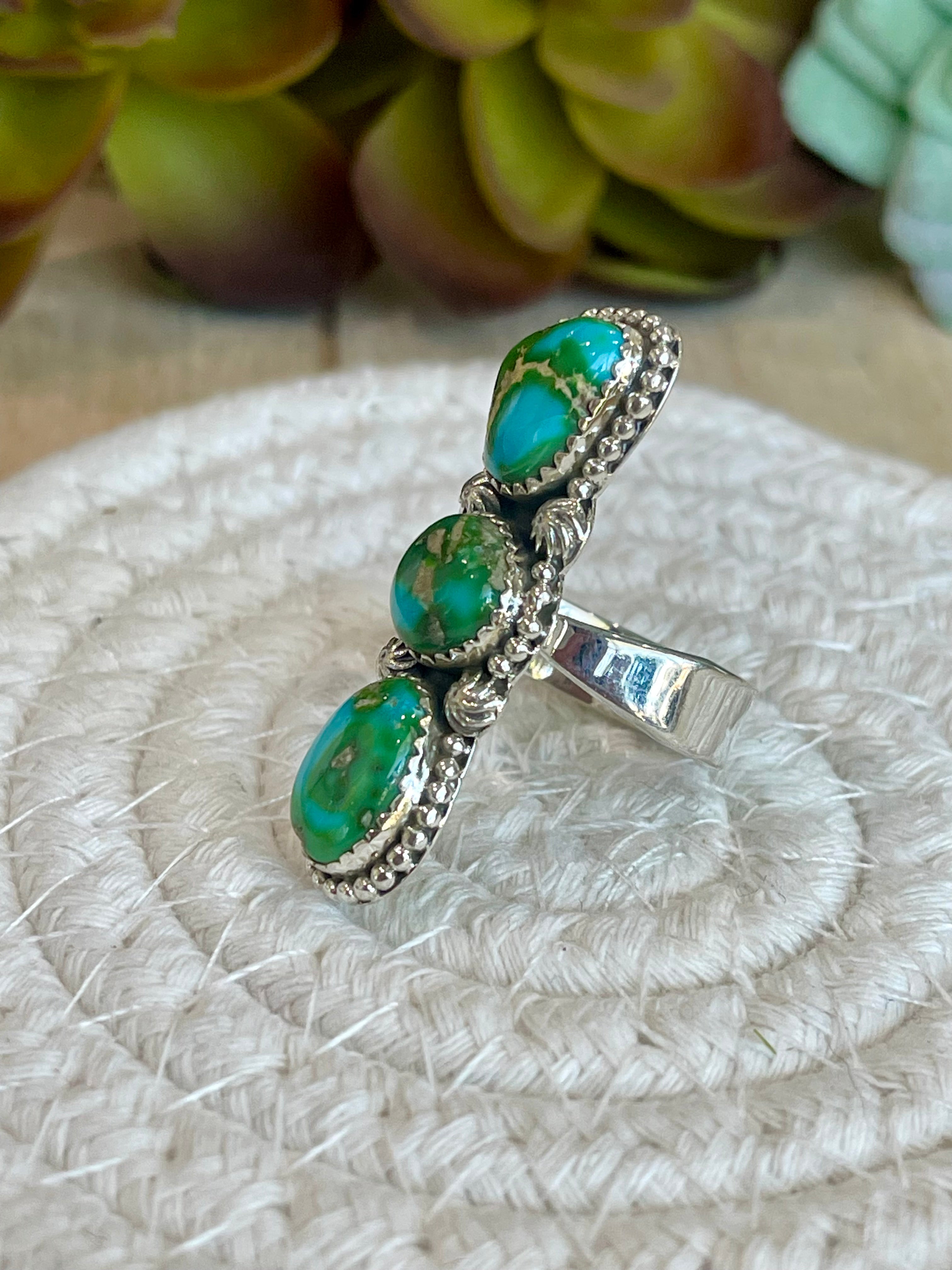 Southwest Handmade Sonoran Mountain Turquoise & Sterling Silver Adjustable 3 Srone Ring