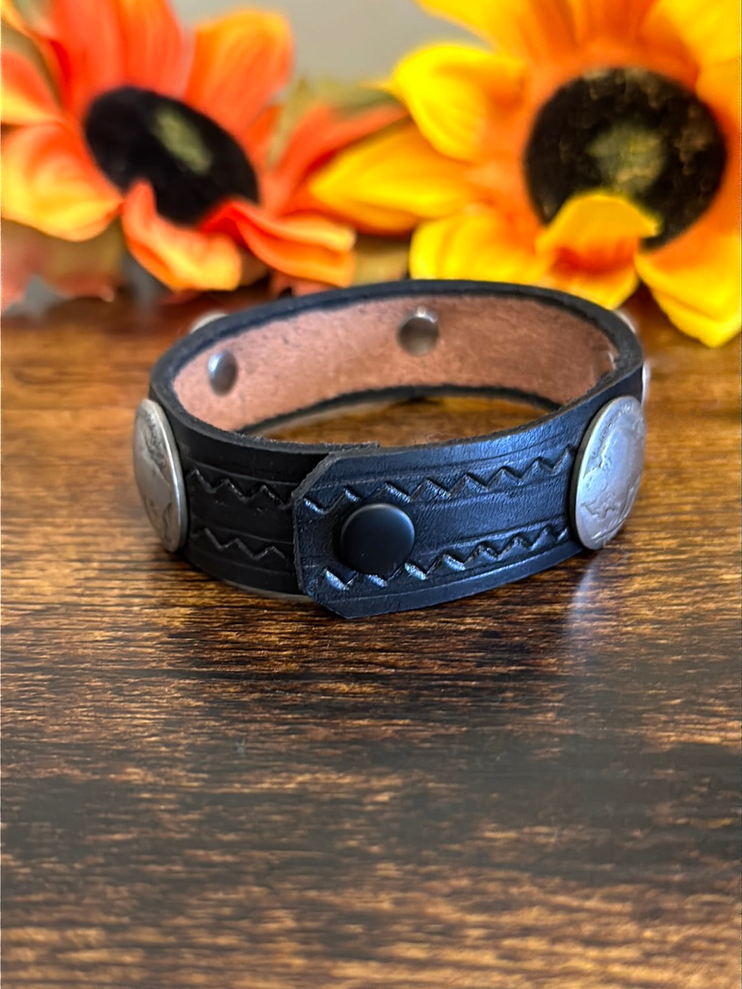 Navajo Made Leather & Sterling Silver Coin Bracelet