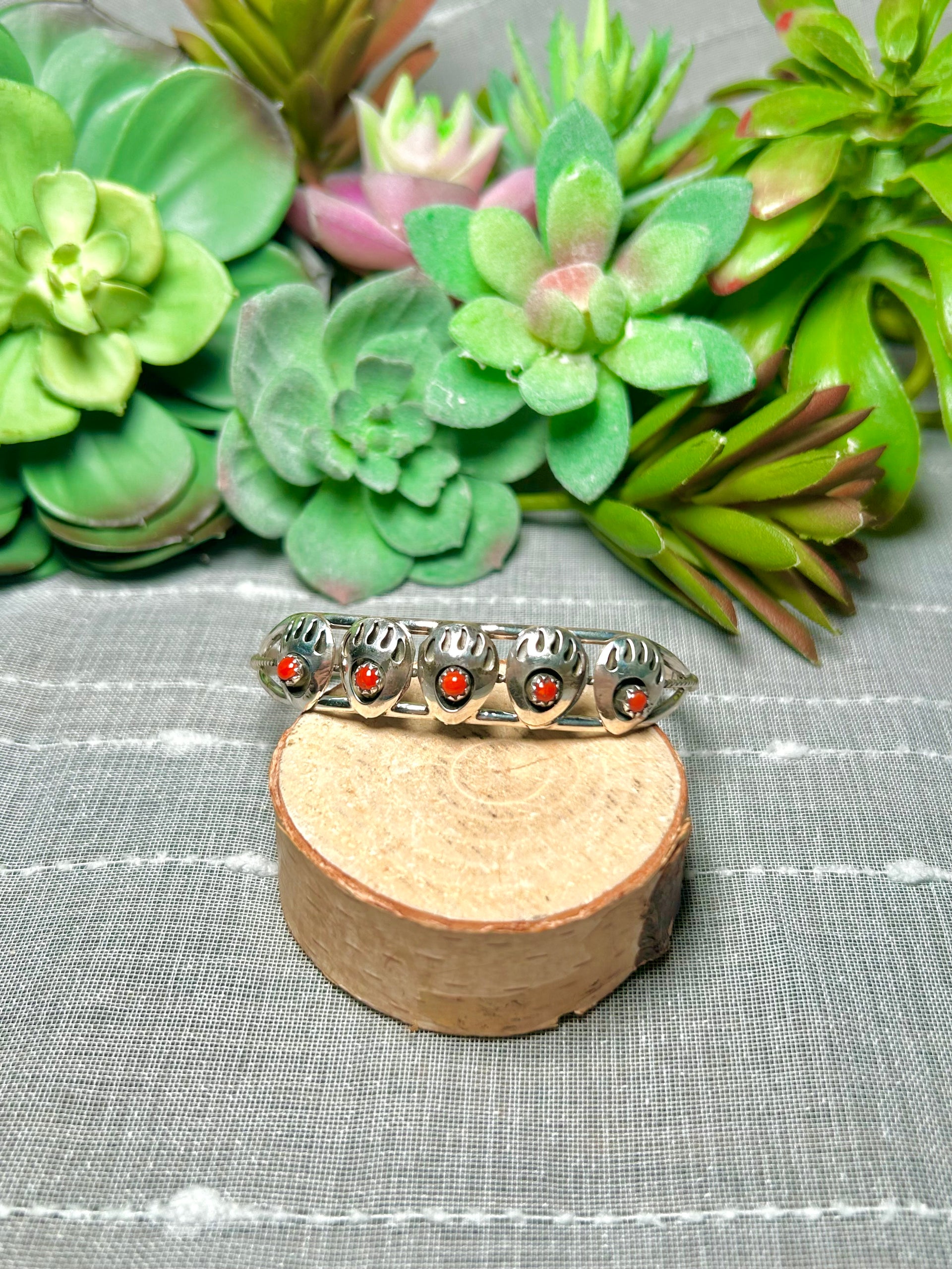 Navajo Made Coral & Sterling Silver Cuff Bracelet