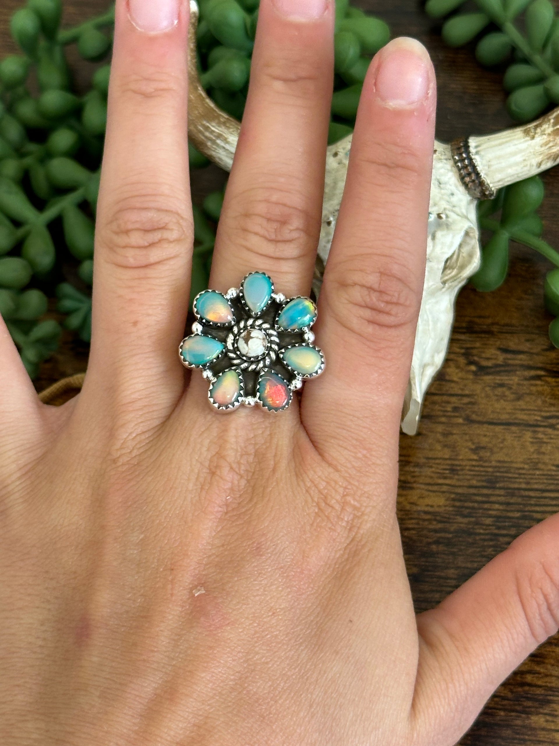 Southwest Handmade Multi Stone & Sterling Silver Adjustable Cluster Ring