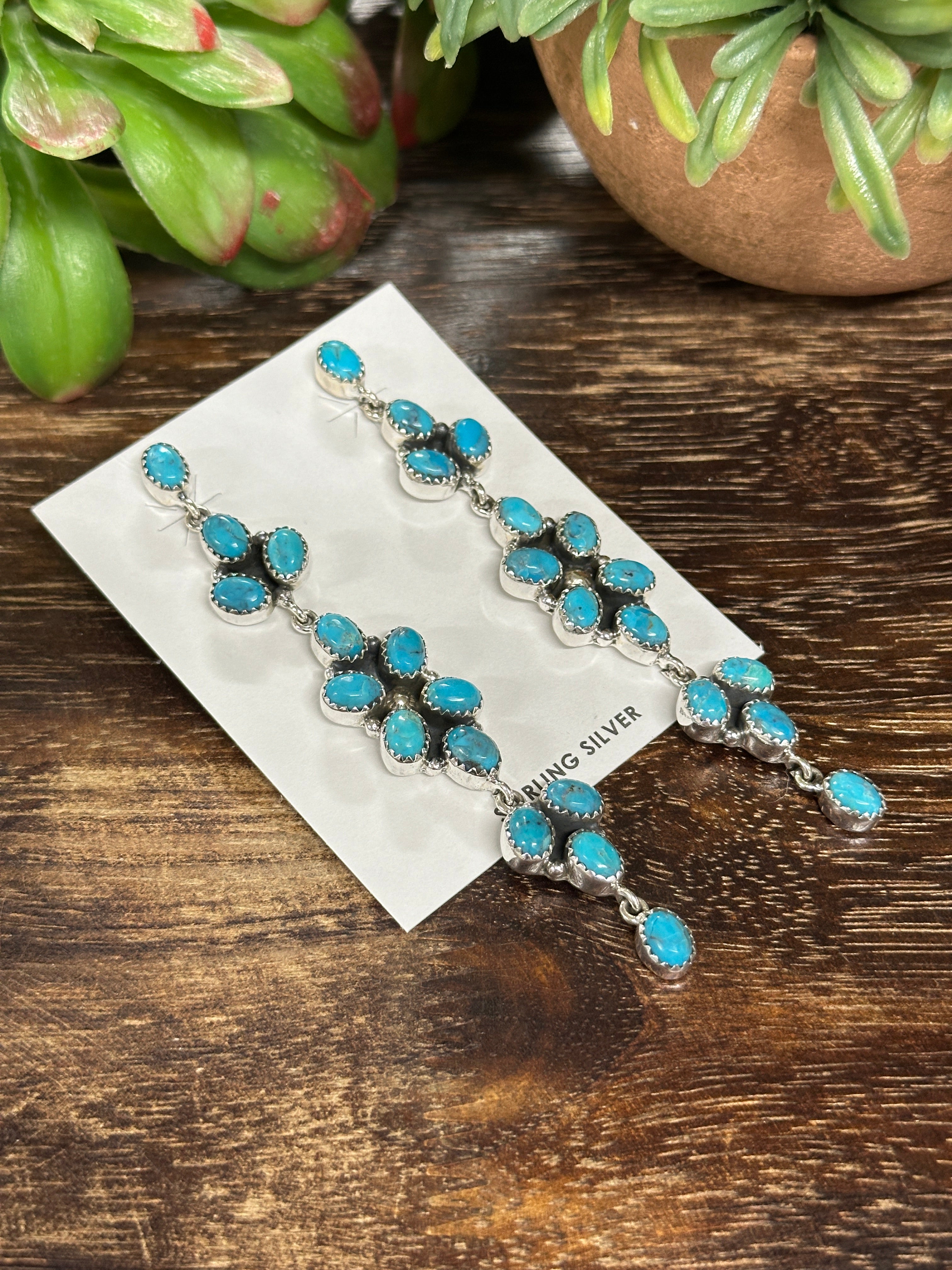 Southwest Handmade Kingman Turquoise & Sterling Silver Post Dangle Earrings