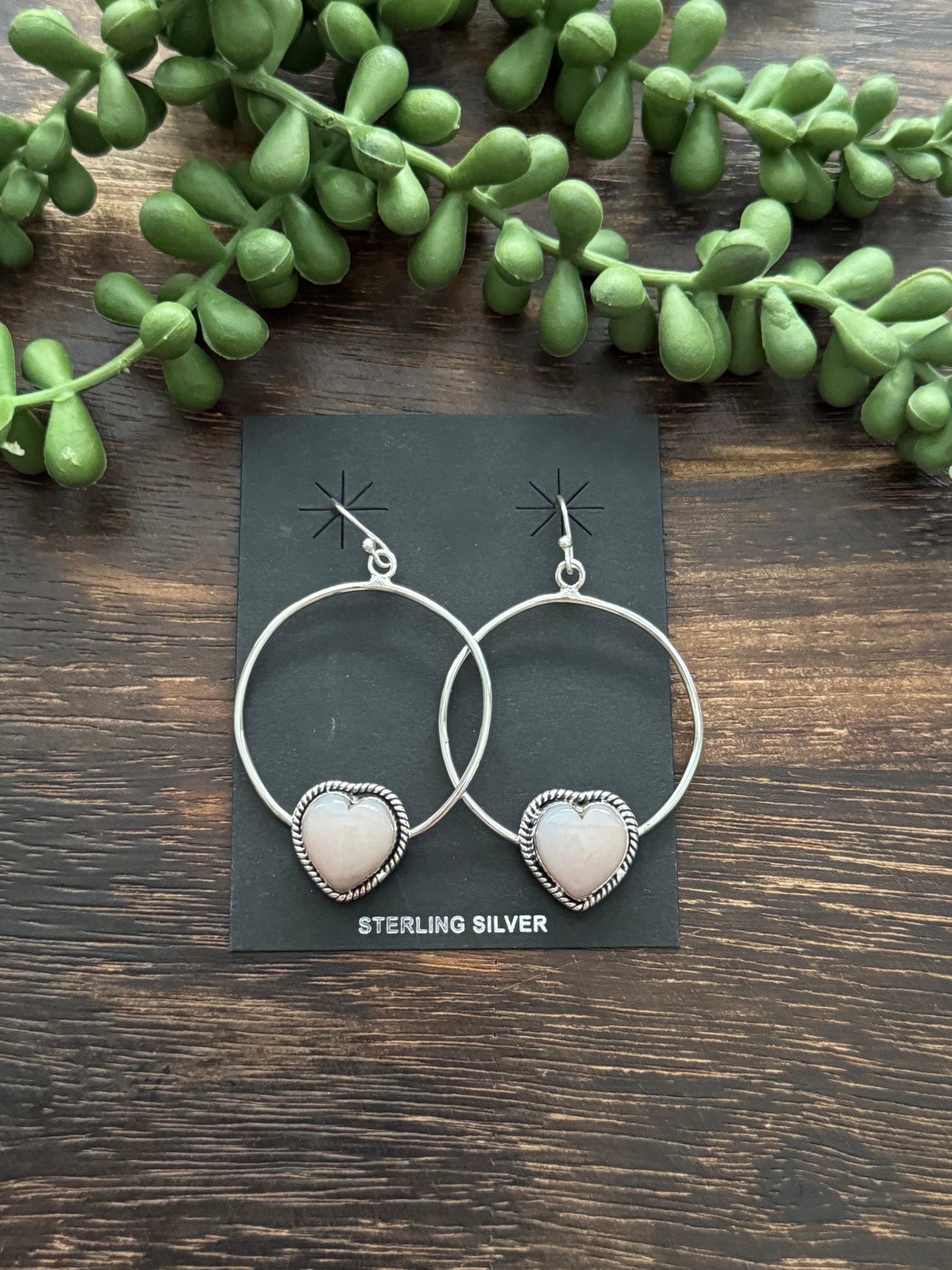 Southwest Handmade Peruvian Pink Opal & Sterling Silver Heart Dangle Earrings