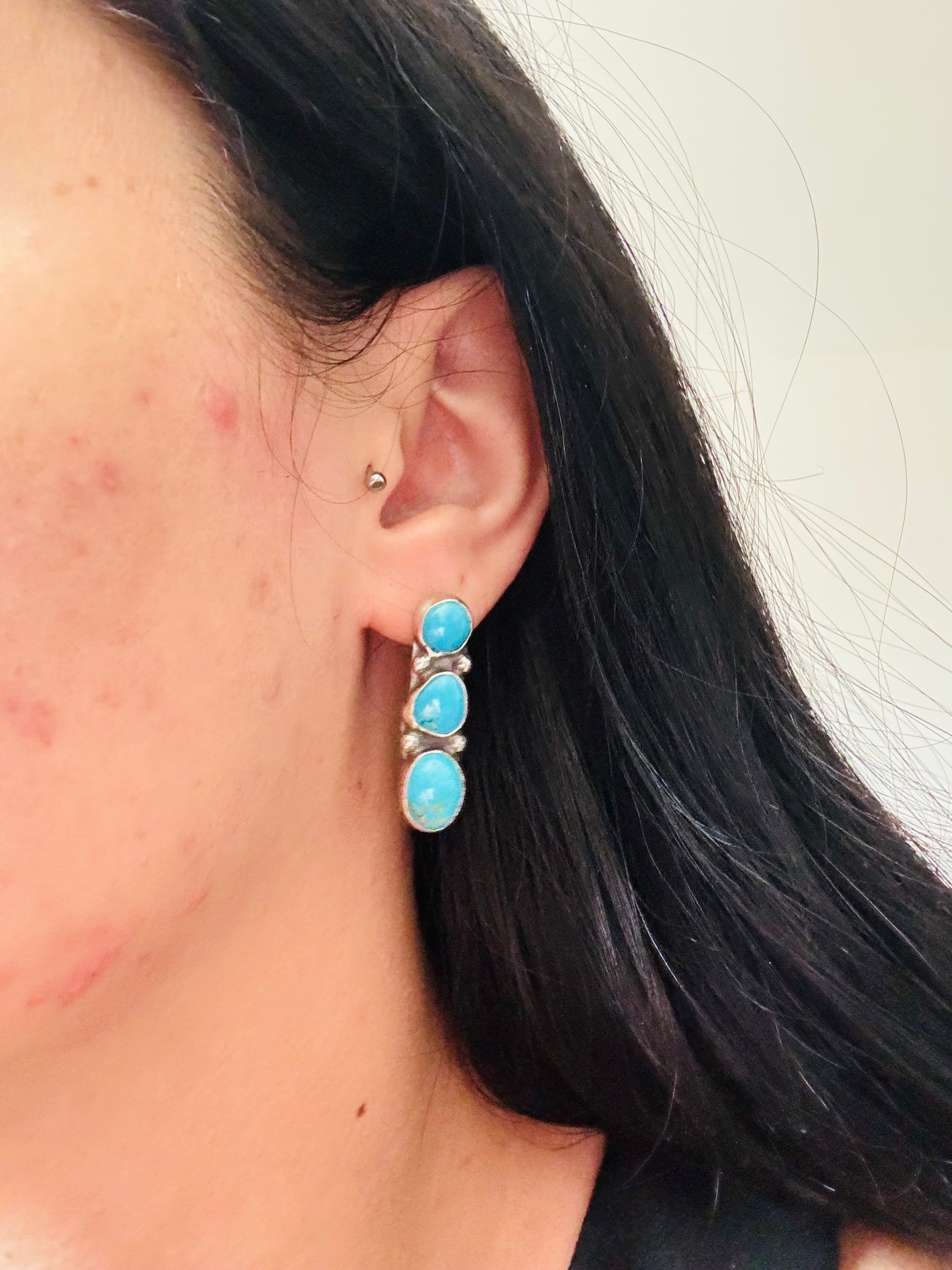 Navajo Made Kingman Turquoise & Sterling Silver Post Dangle Earrings