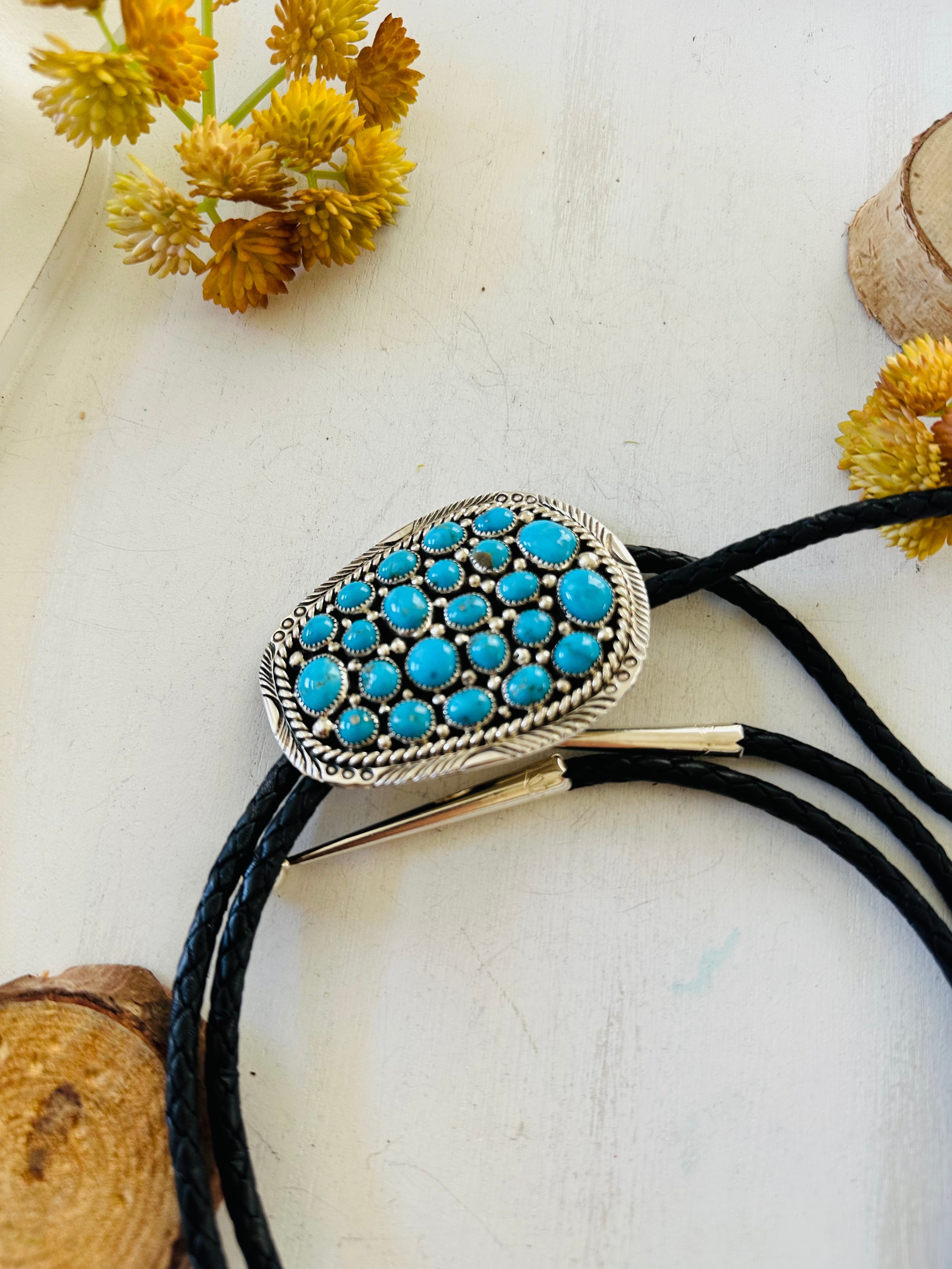 Navajo Made Kingman Turquoise & Sterling Silver Cluster Bolo Tie