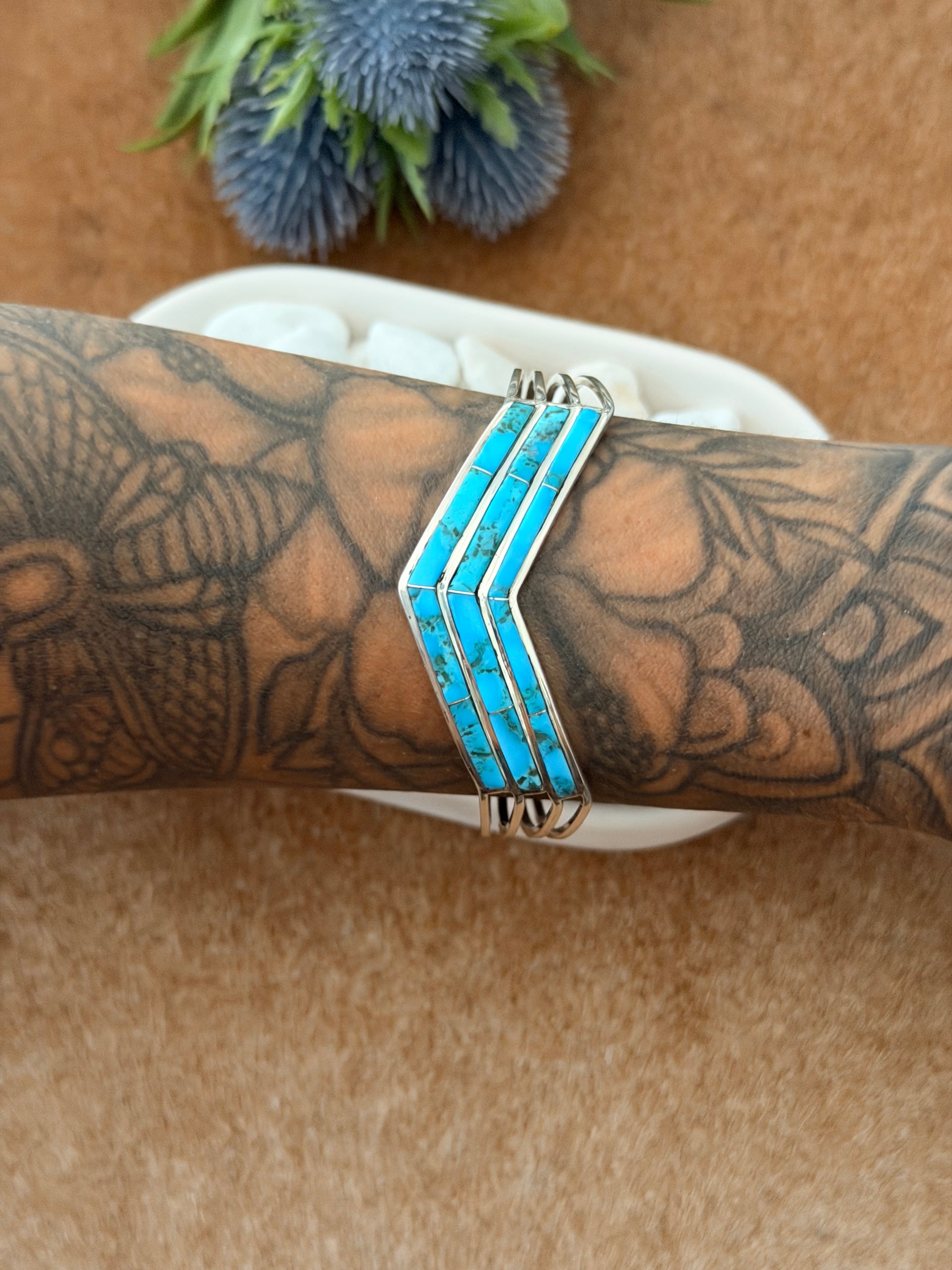 Navajo Made Kingman Turquoise & Sterling Silver Cobblestone Cuff Bracelet
