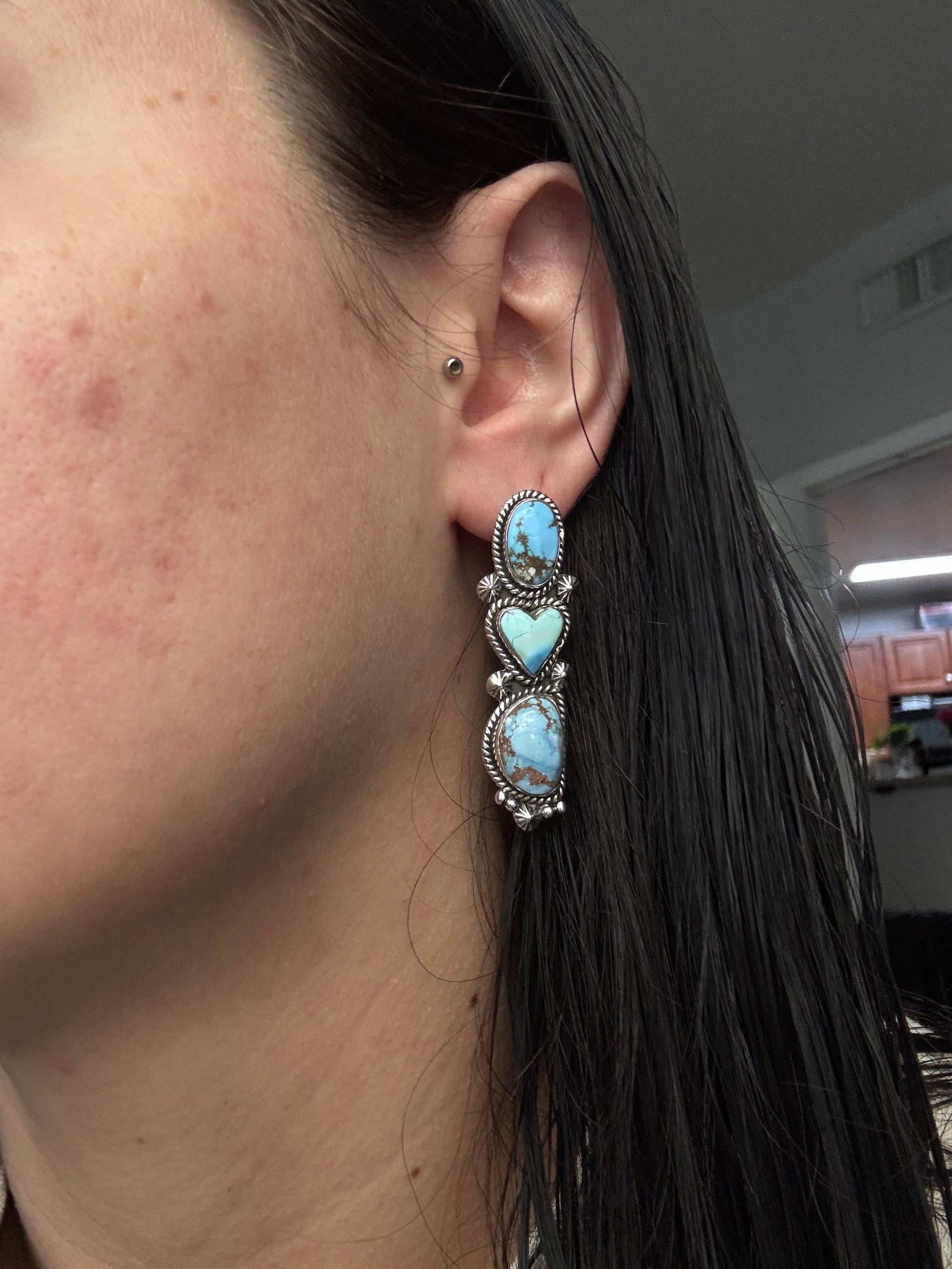 Southwest Handmade Golden Hills Turquoise & Sterling Silver Post Dangle Earrings