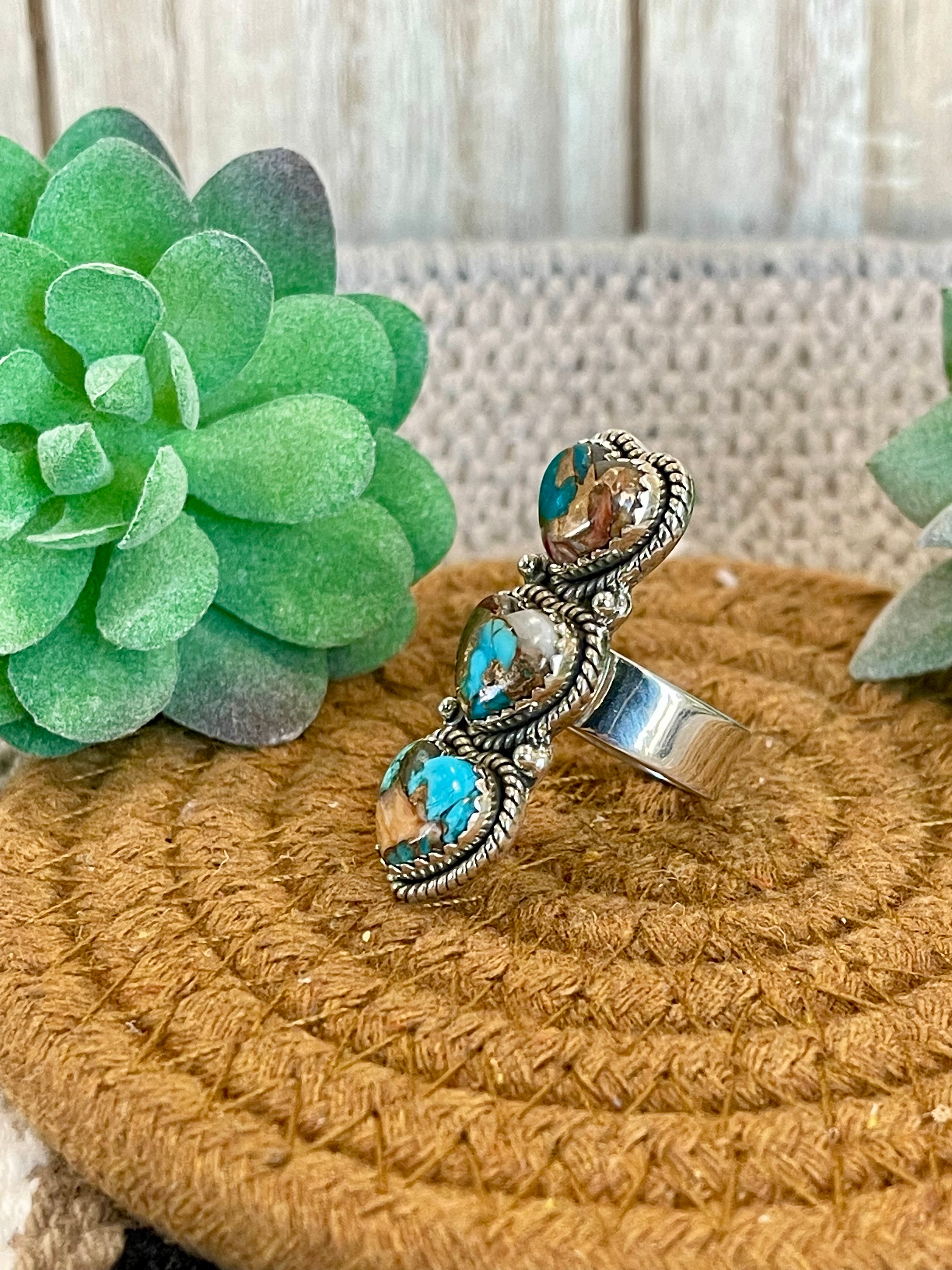 Southwest Handmade Mohave Turquoise & Sterling Silver Adjustable 3 Stone Heart  Ring