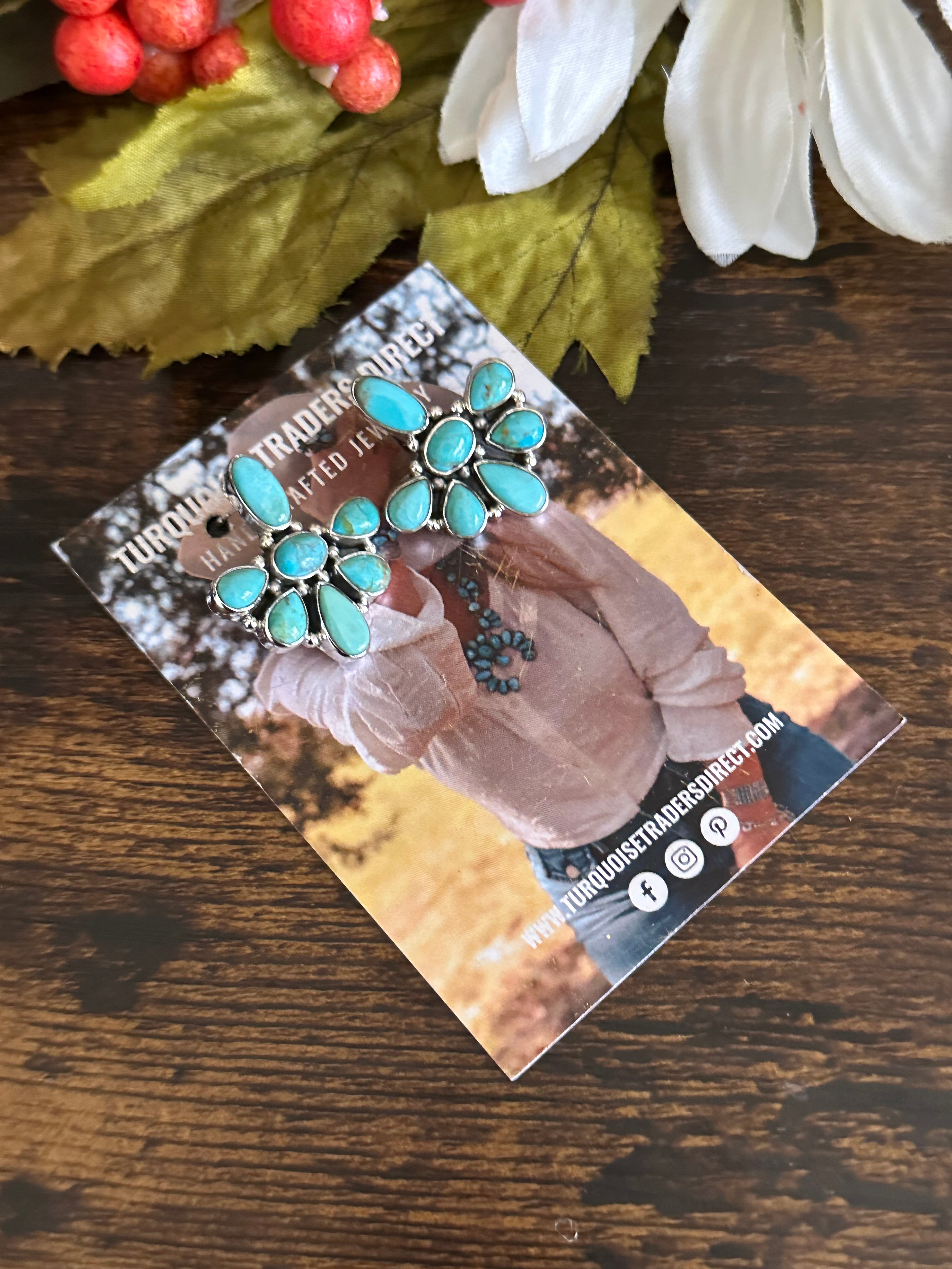 Southwest Handmade Kingman Turquoise & Sterling Silver Post Cluster Earrings