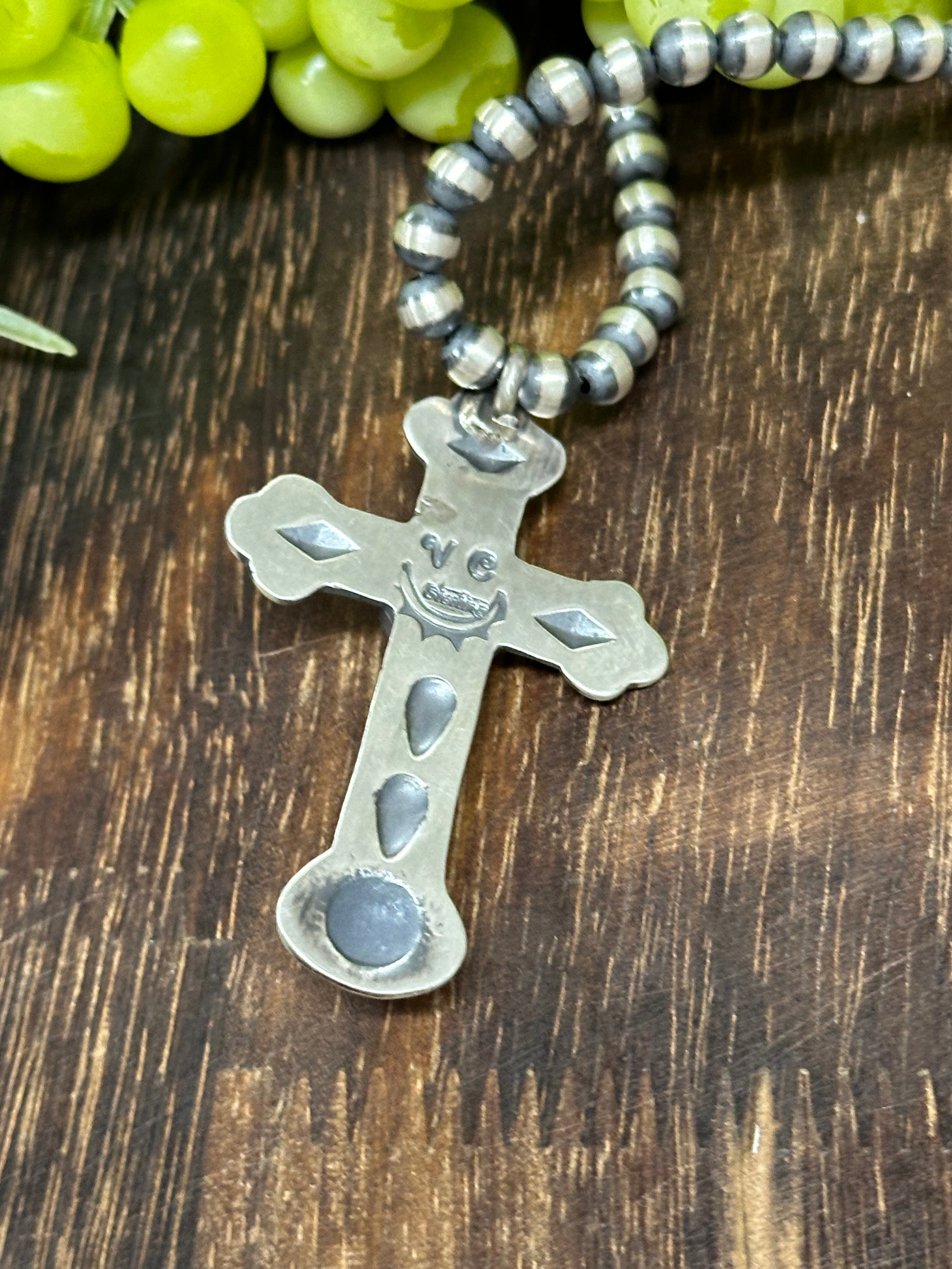 Navajo Made Kingman Turquoise & Sterling Silver Cross Pendant