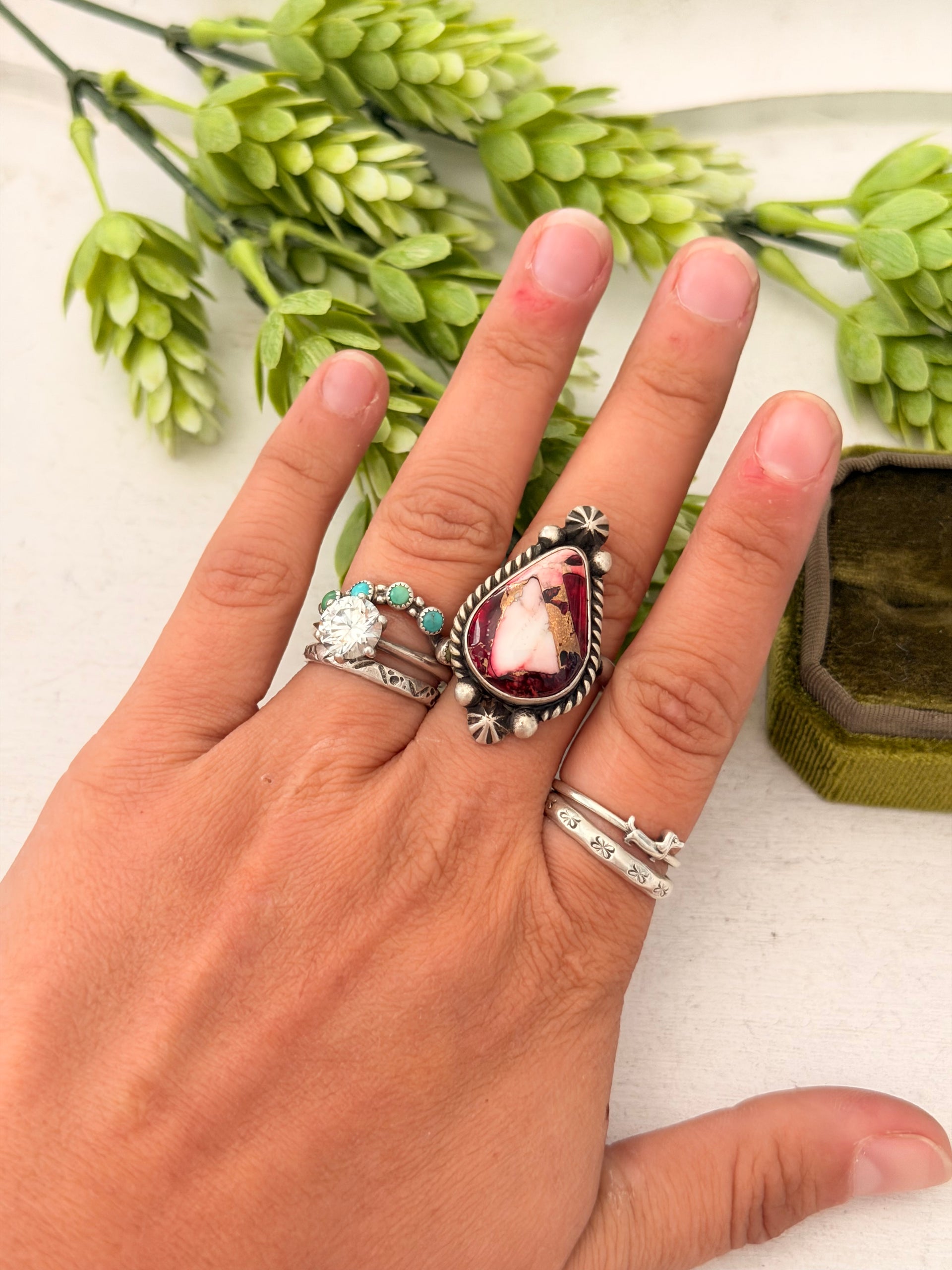 Johnny Dixon Rose Dahlia & Sterling Sliver Cluster Adjustable Ring