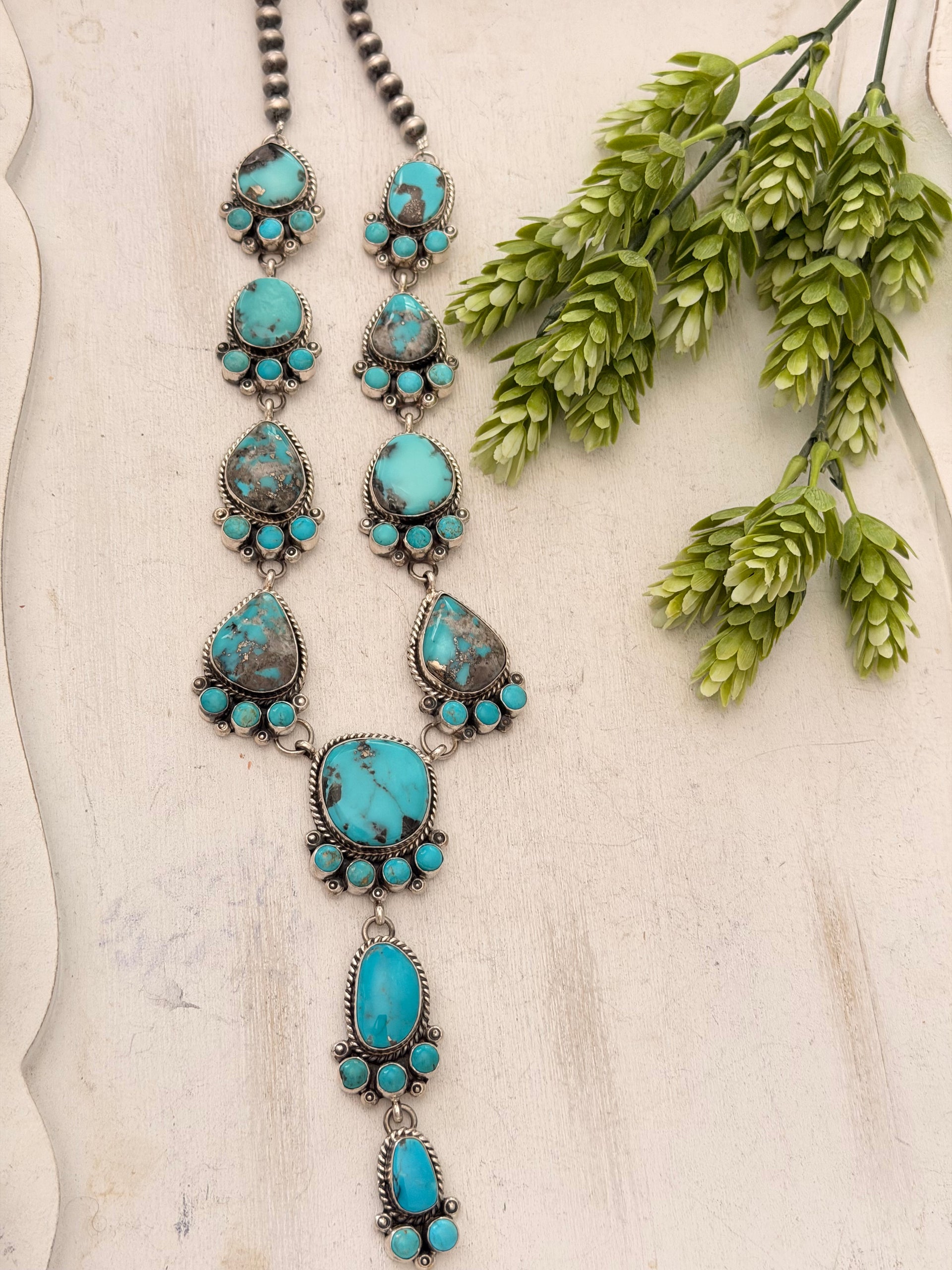 Navajo Made Mixed Turquoise & Sterling Silver Lariat Necklace