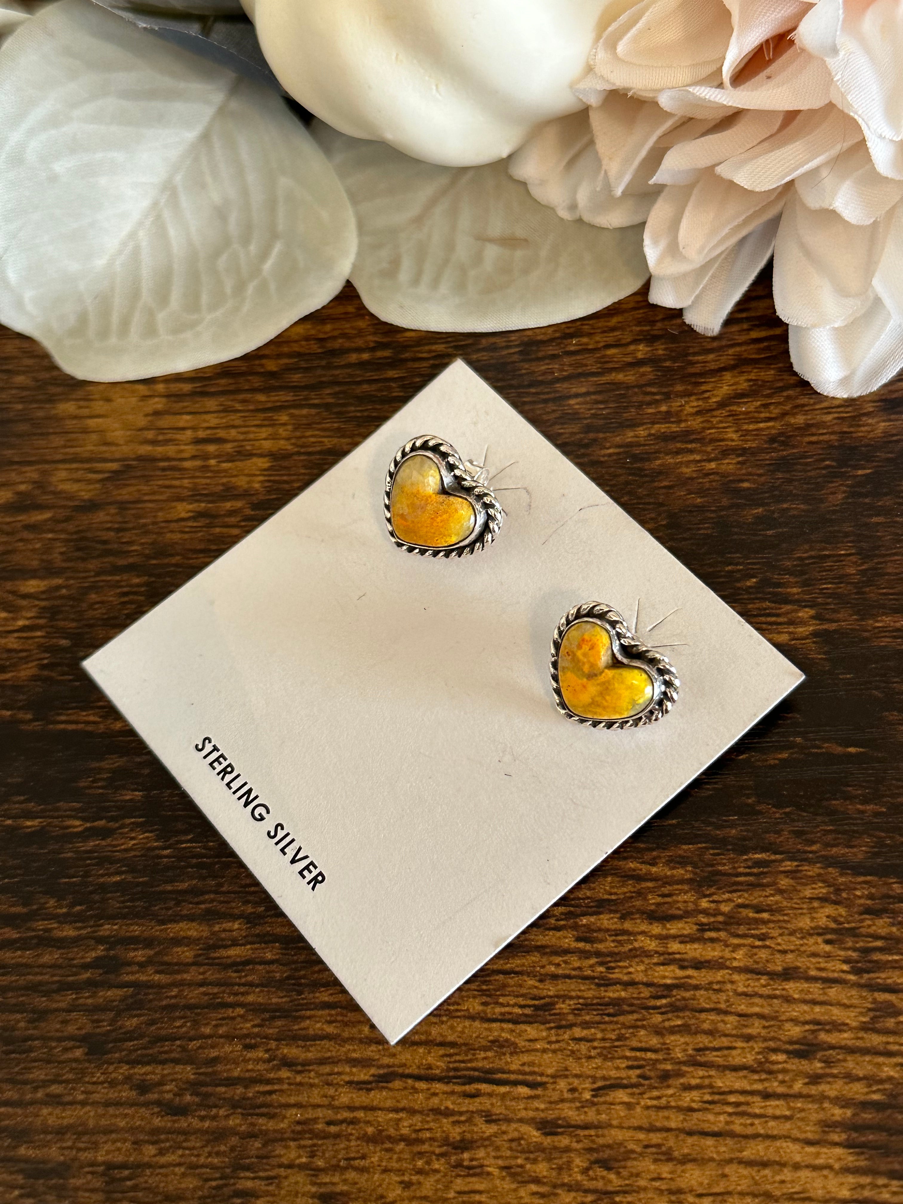 Southwest Handmade Bumblebee Jasper & Sterling Silver Post Heart Earrings