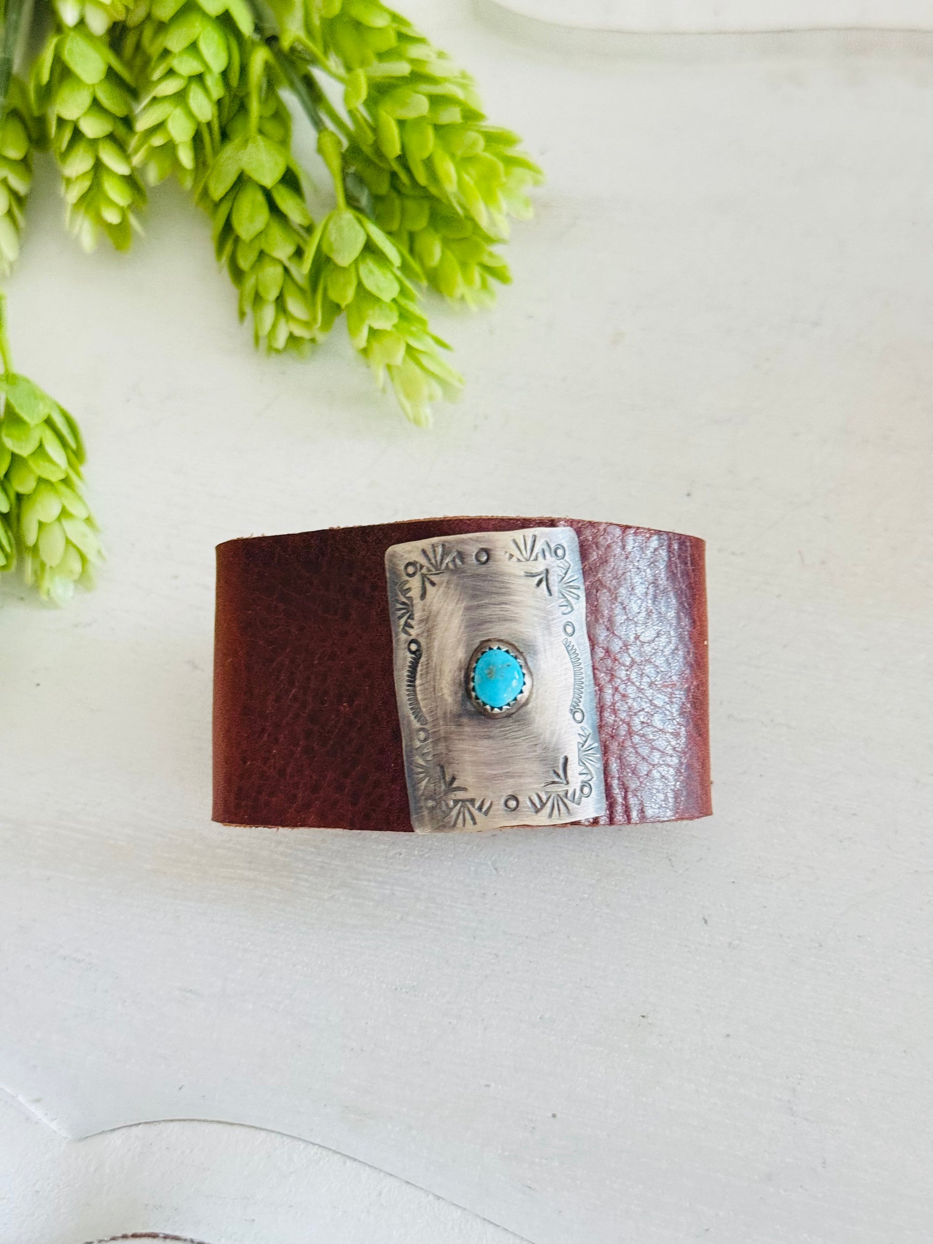 Navajo Made Kingman Turquoise & Sterling Silver Leather Bracelet