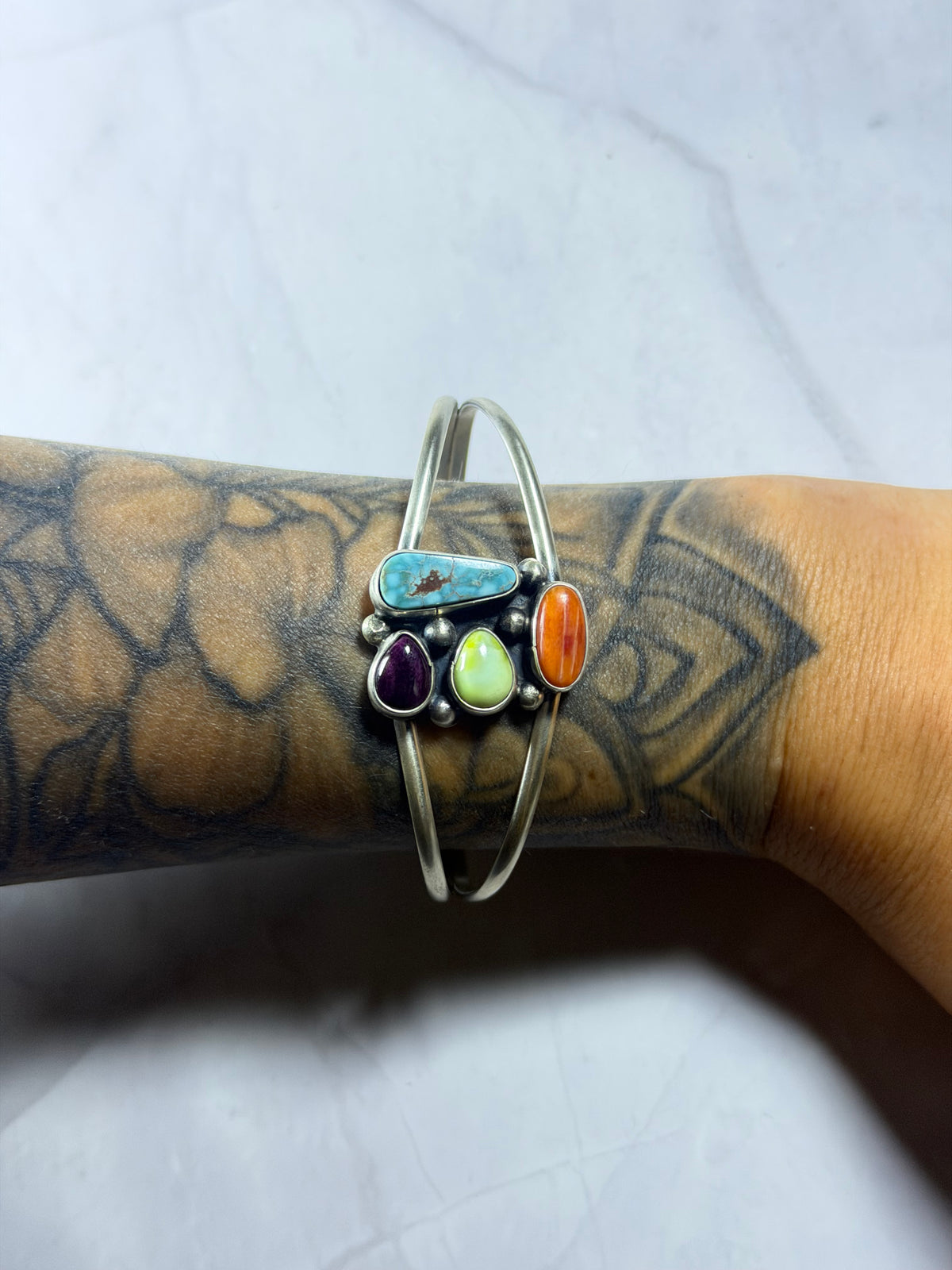 Danny Henio Multi Stone & Sterling Silver Cluster Cuff Bracelet