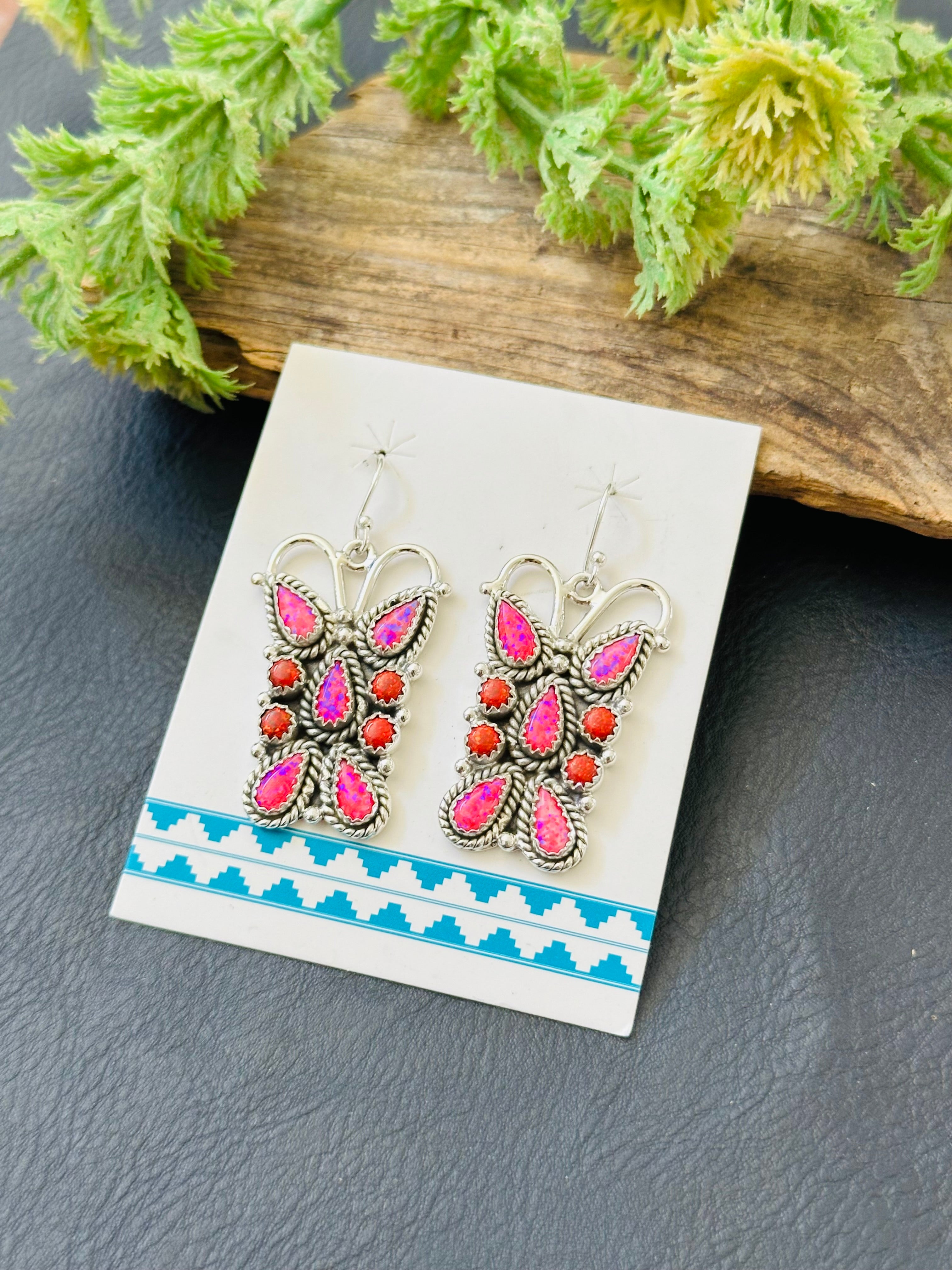 TTD “K’aalógii” Pink/Red Opal & Sterling Silver Dangle Earrings