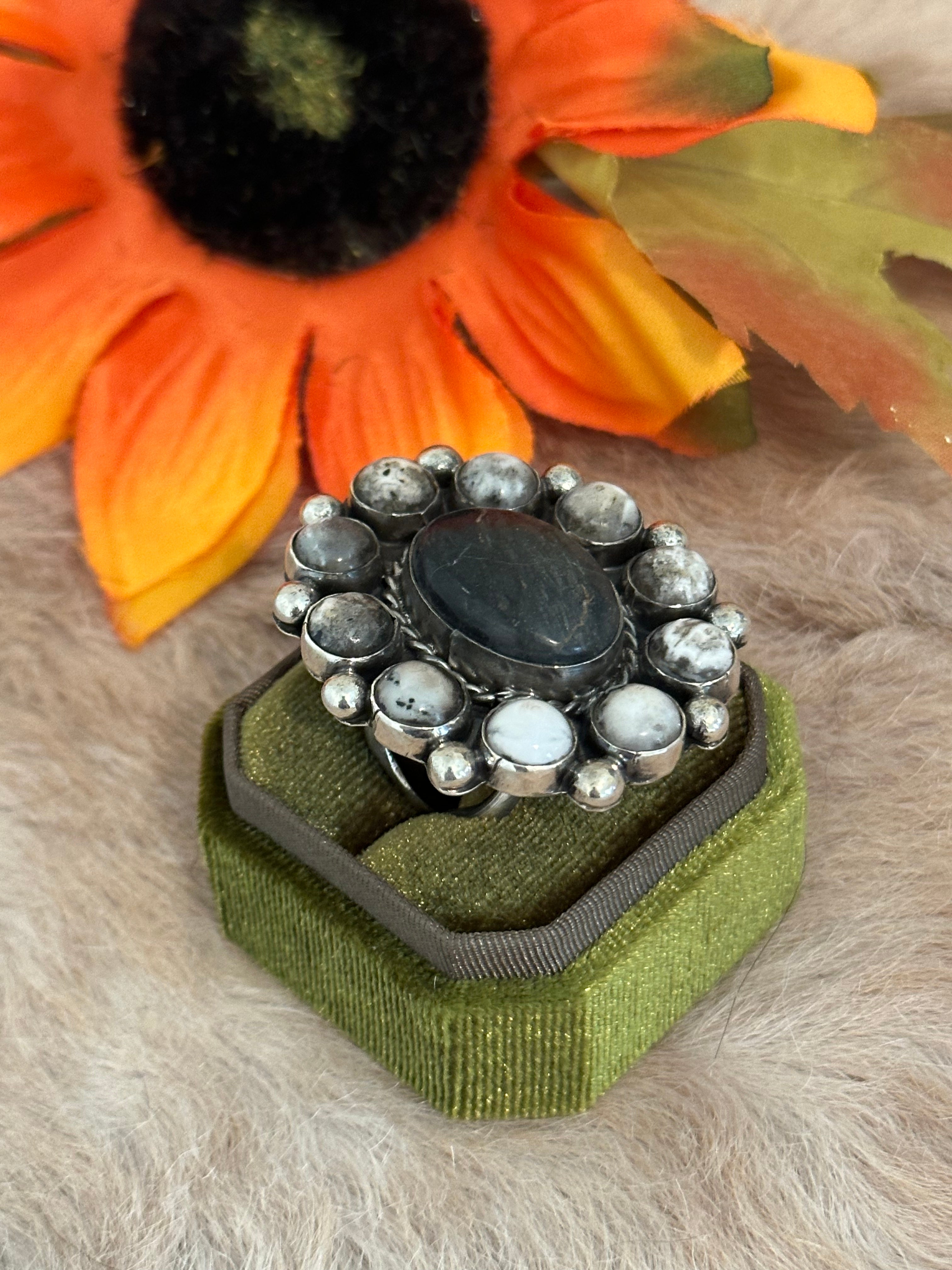 Navajo Handmade White Buffalo & Sterling Silver Adjustable Cluster Ring