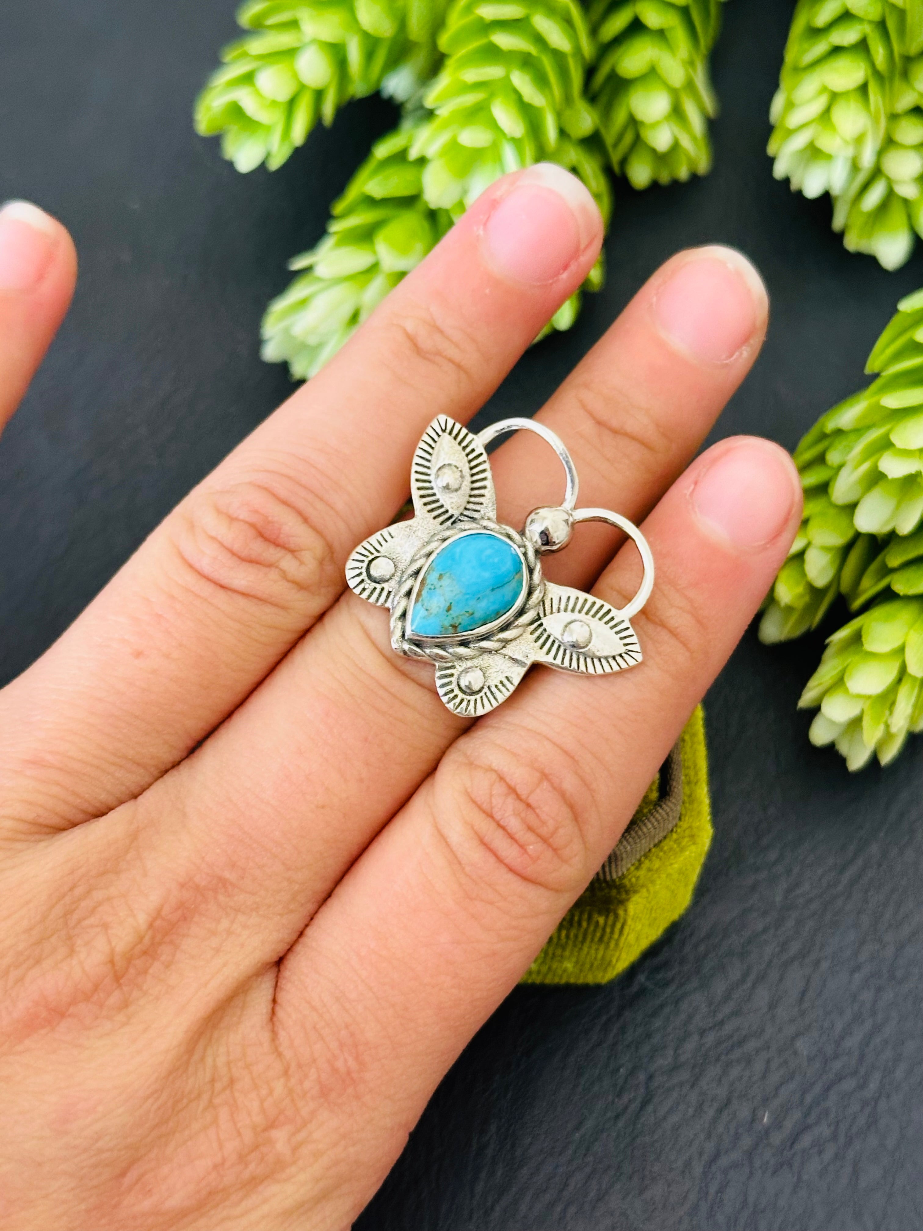 Southwest Handmade Kingman Turquoise & Sterling Silver Adjustable Butterfly Ring