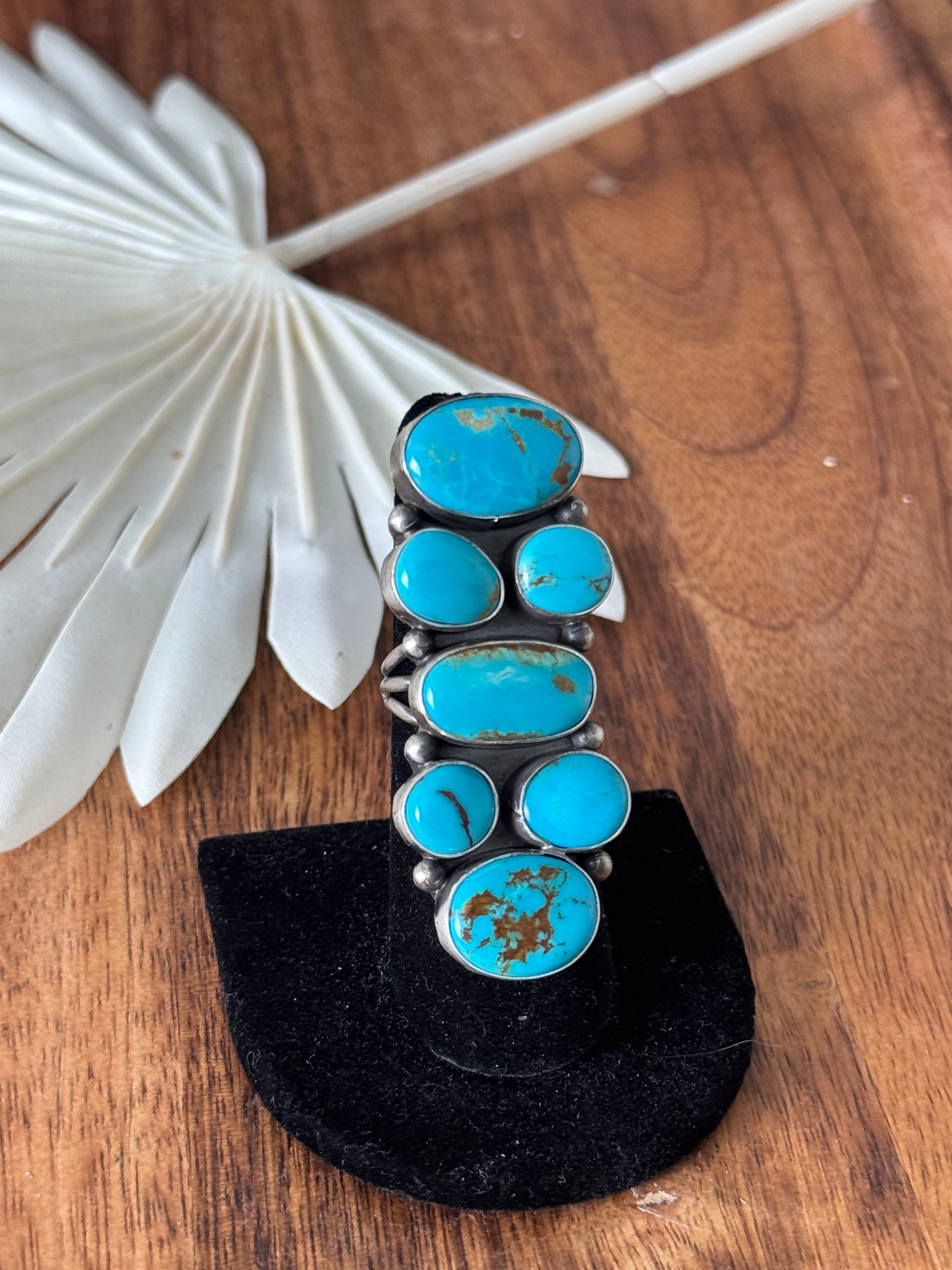 Navajo Made Royston Turquoise & Sterling Silver Cluster Ring Size 6.5