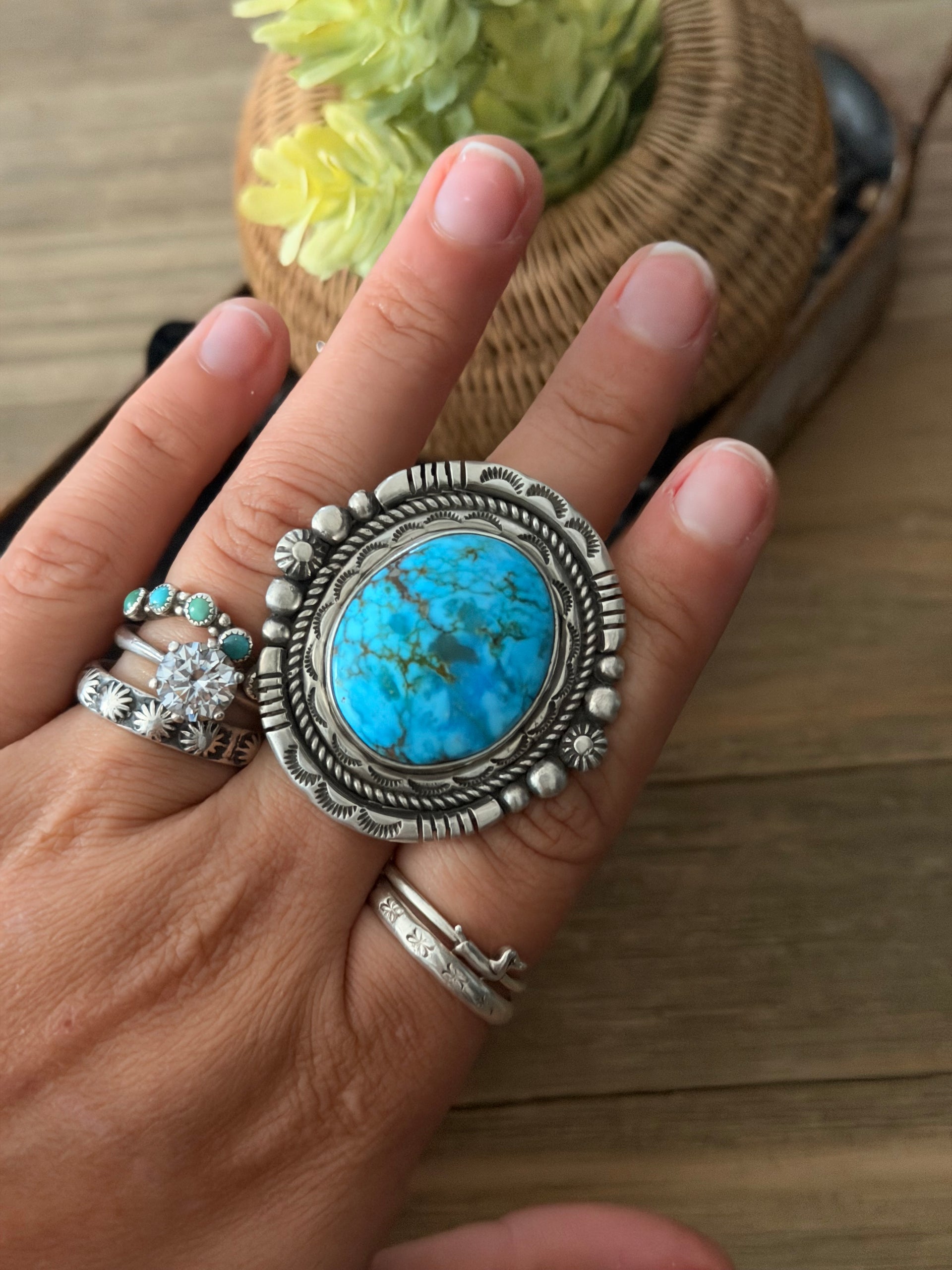 Fred Francis Highgrade Kingman Turquoise & Sterling Silver Adjustable Ring