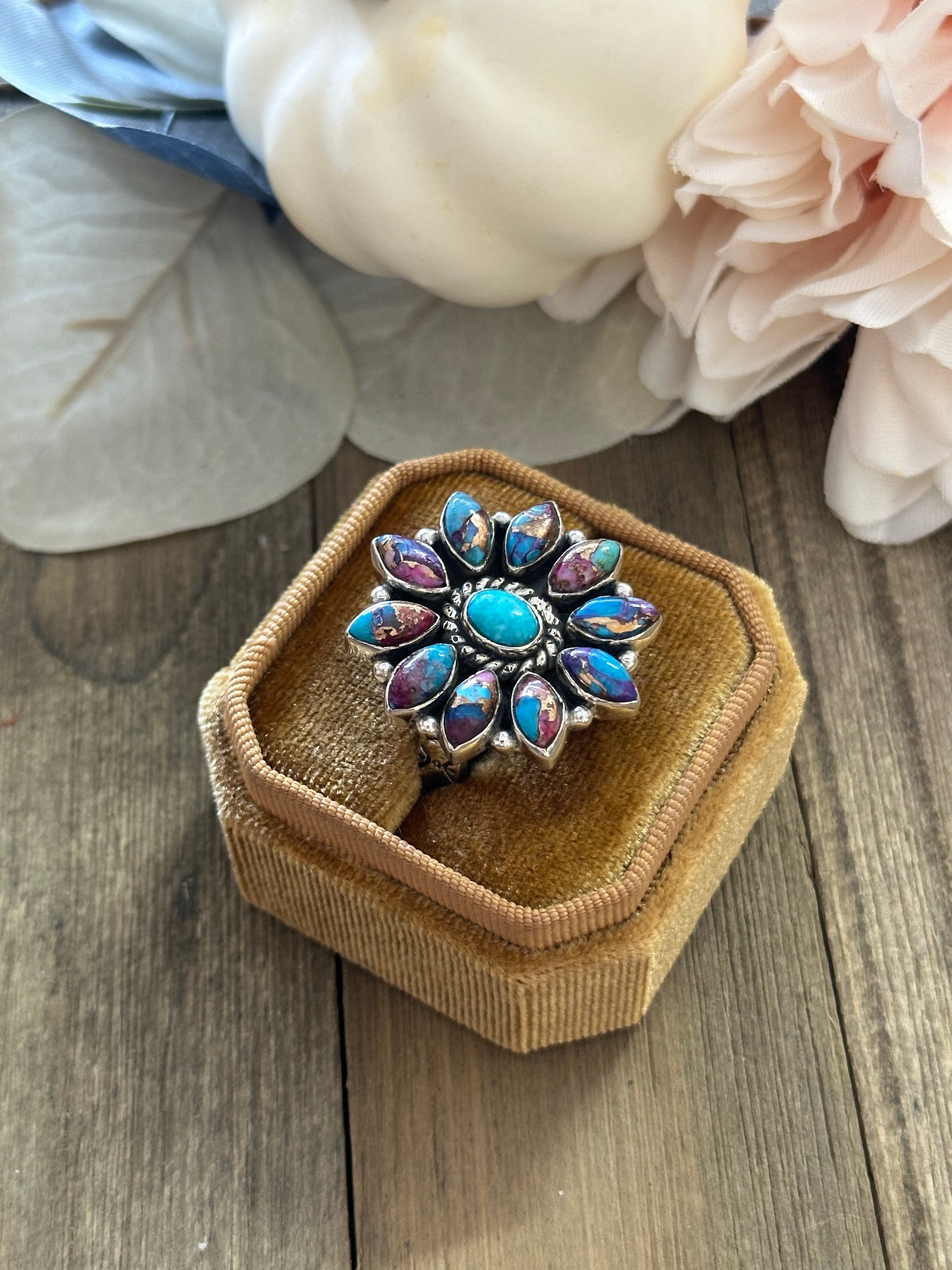 Southwest Handmade Mohave Turquoise & Sterling Silver Adjustable Cluster Ring