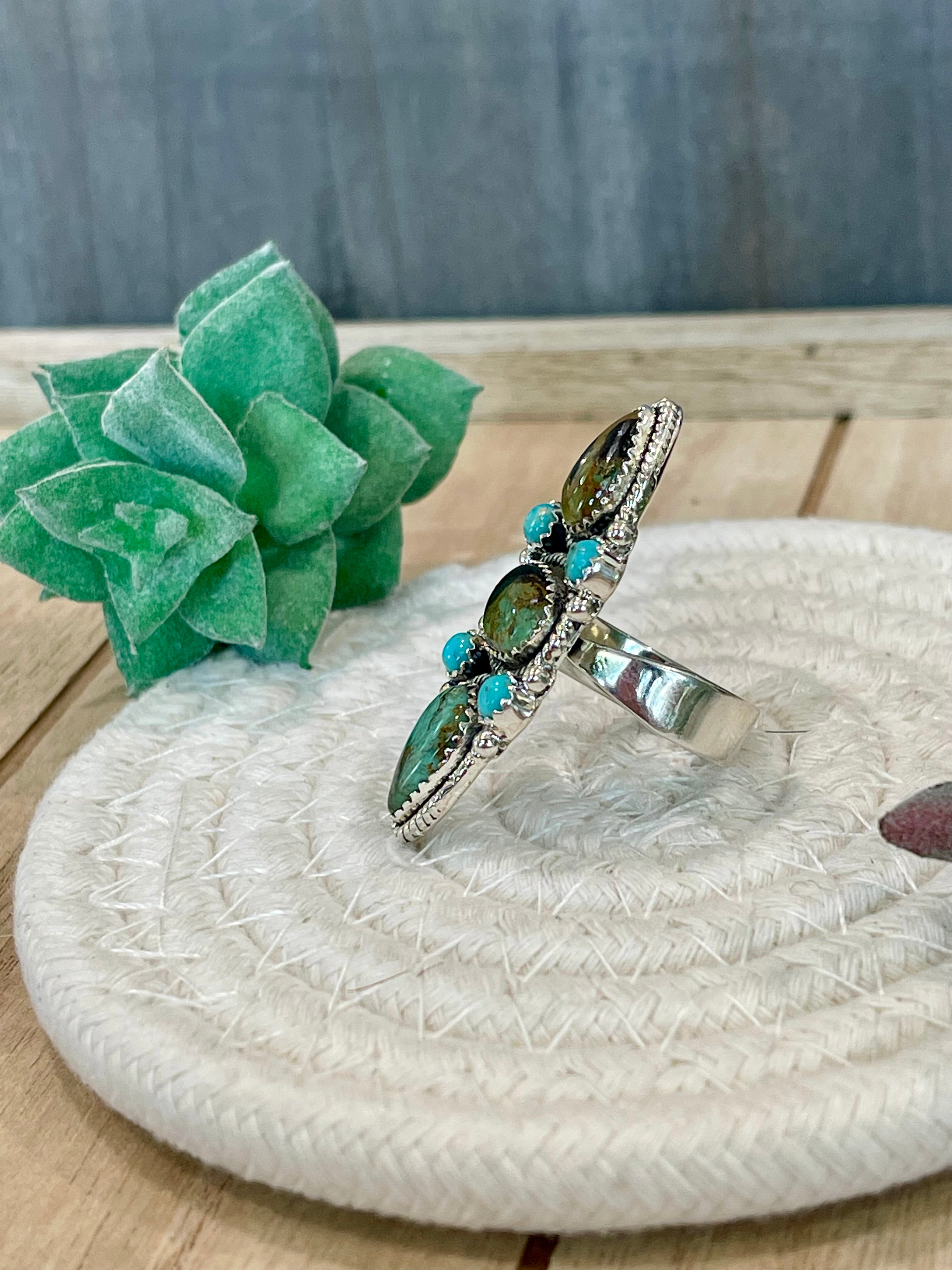 Southwest Handmade BlackJack Turquoise And Kingman Turquoise & Sterling Silver Adjustable Ring