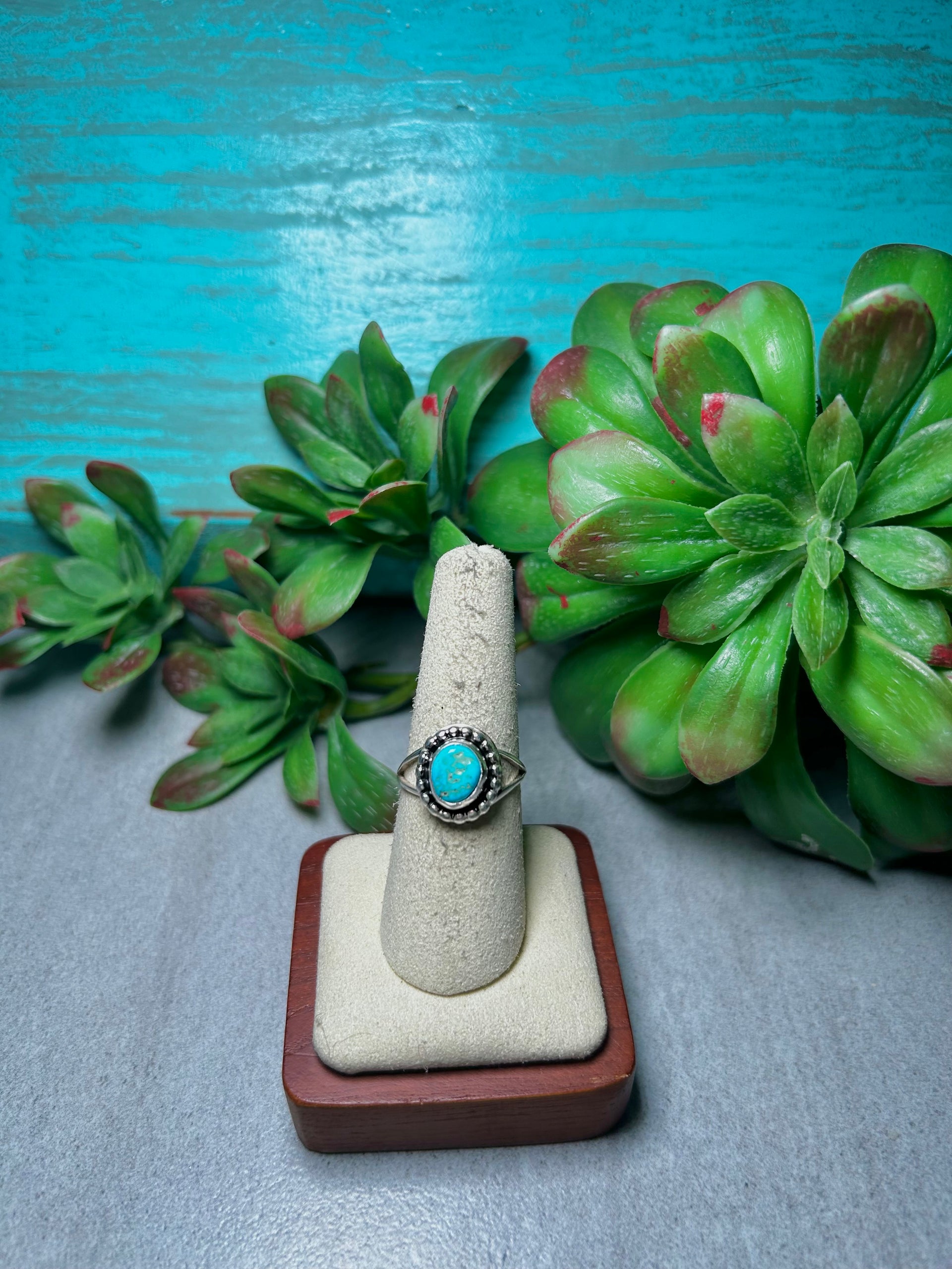 Navajo Made Kingman Turquoise & Sterling Silver Cluster Ring Size 7.75