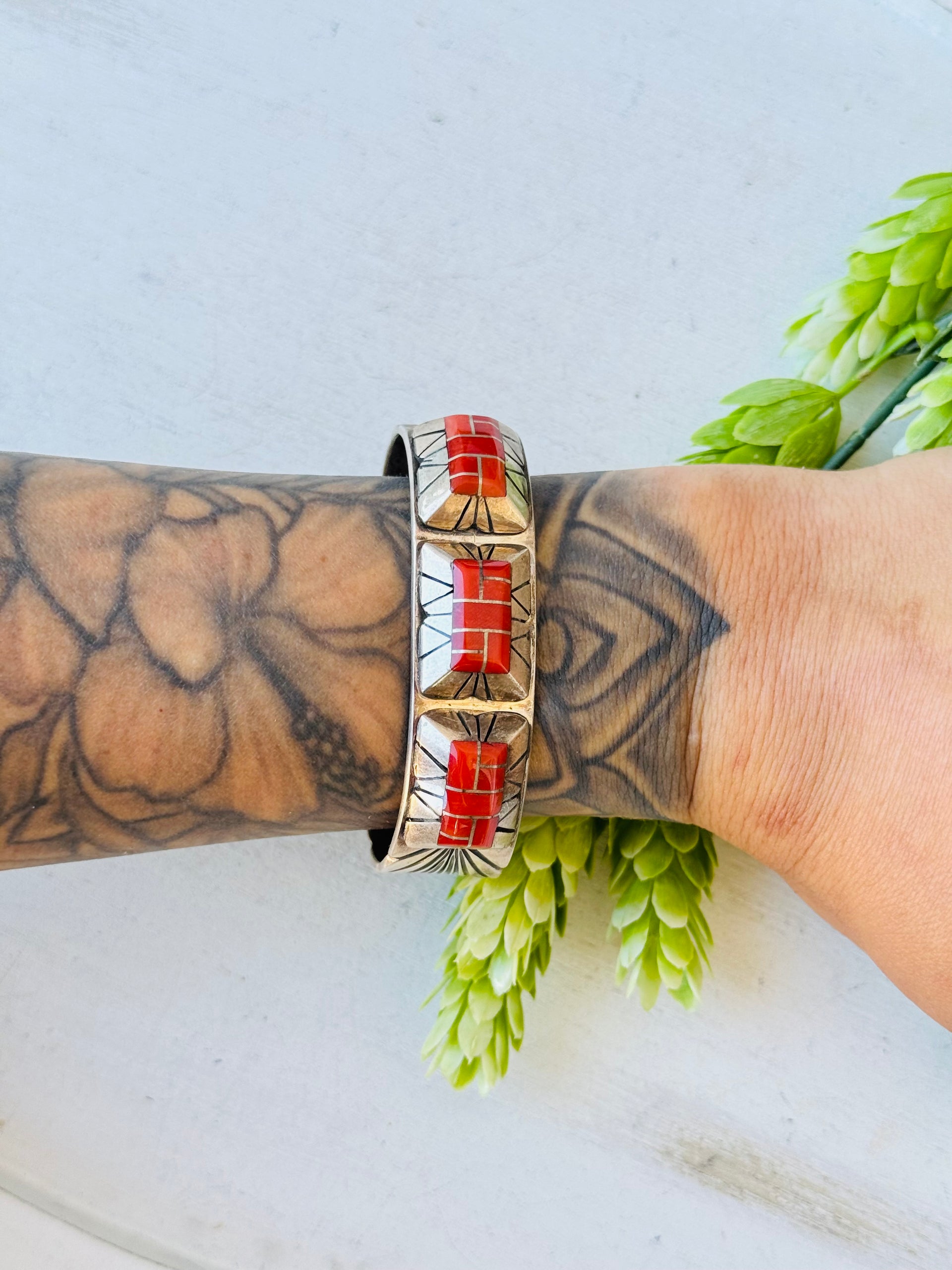 Vintage Navajo Made Coral & Sterling Silver Cuff Bracelet