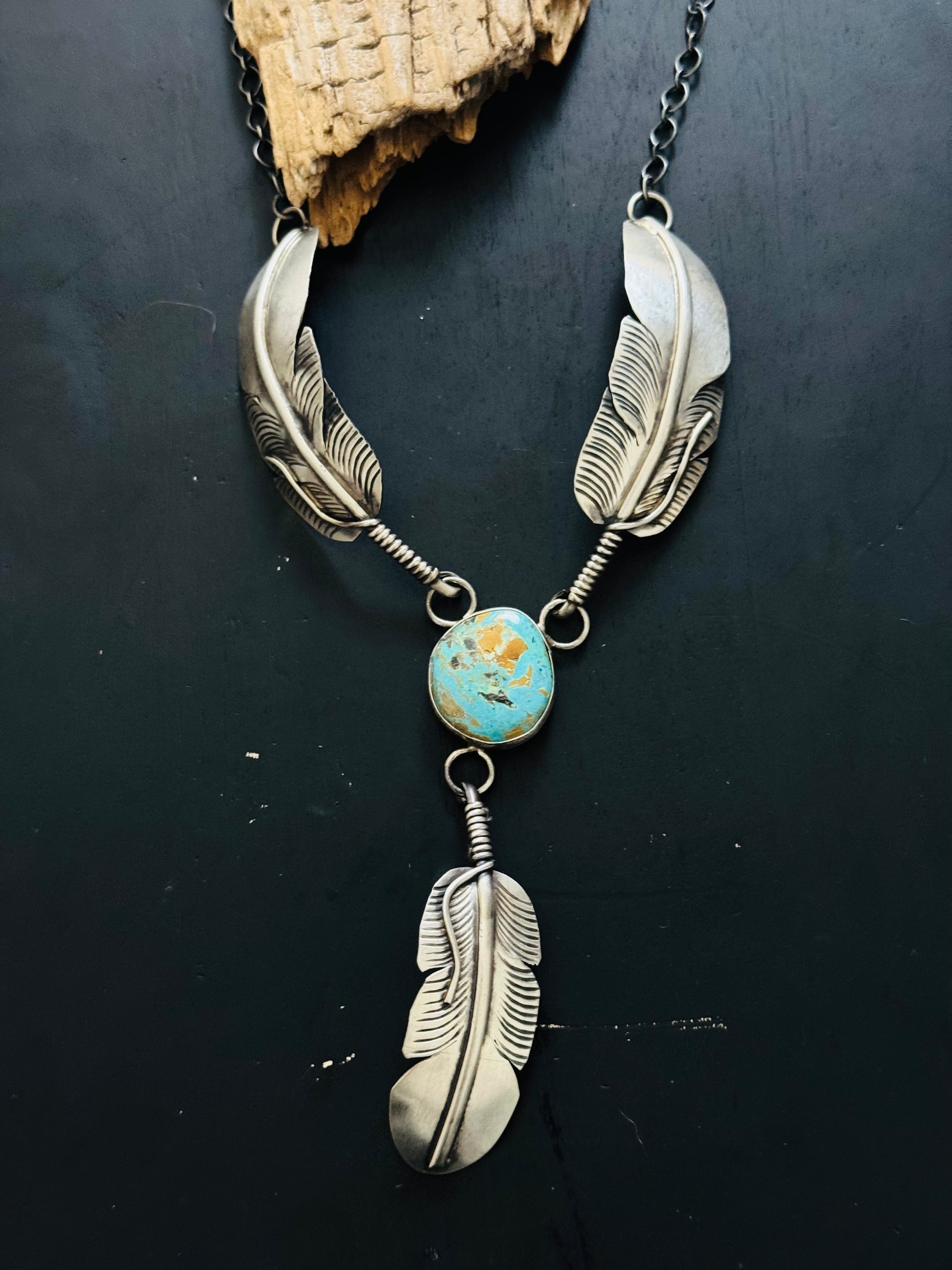 Navajo Made Royston Turquoise and Sterling Silver Feather Necklace