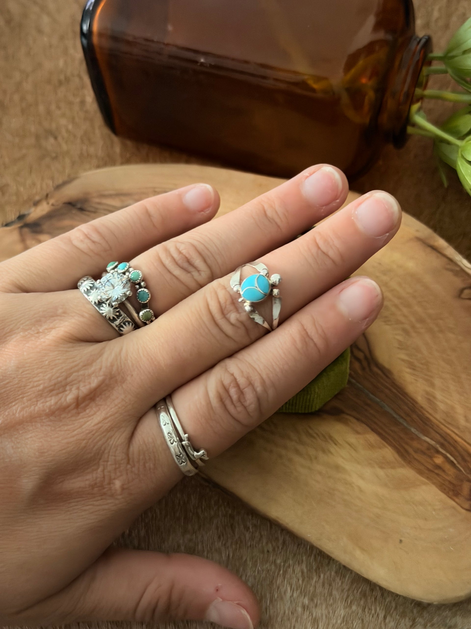 Zuni Made Kingman Turquoise & Sterling Silver Inlay Turtle Ring