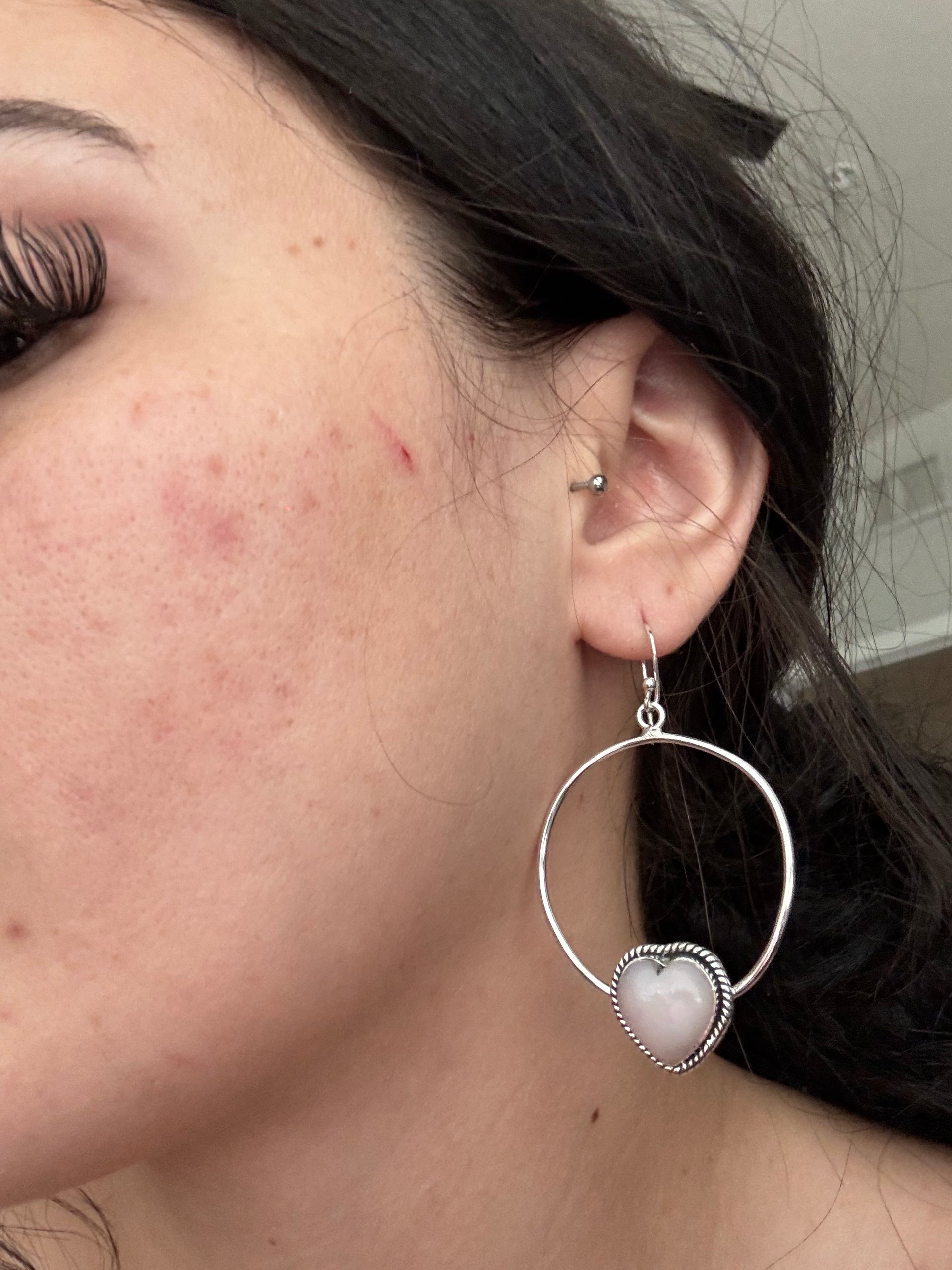 Southwest Handmade Peruvian Pink Opal & Sterling Silver Heart Dangle Earrings