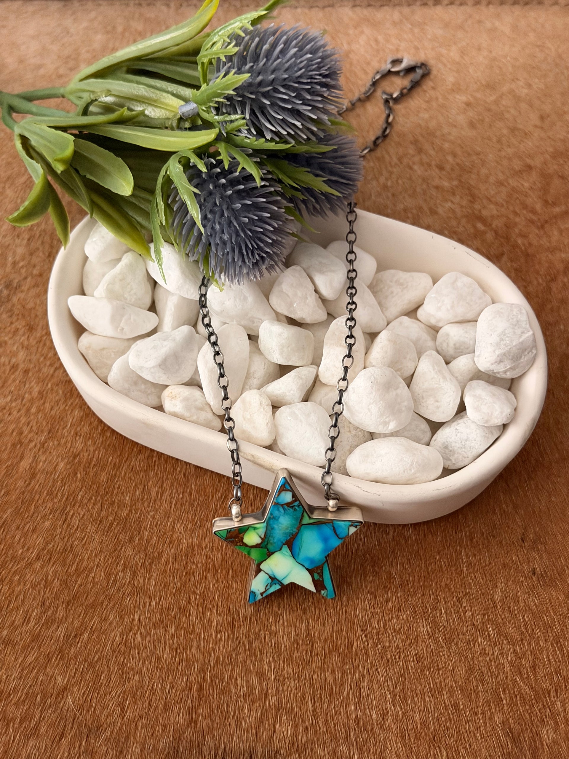 Johnny Dixon Peacock Dahlia Composite & Sterling Silver Star Necklace