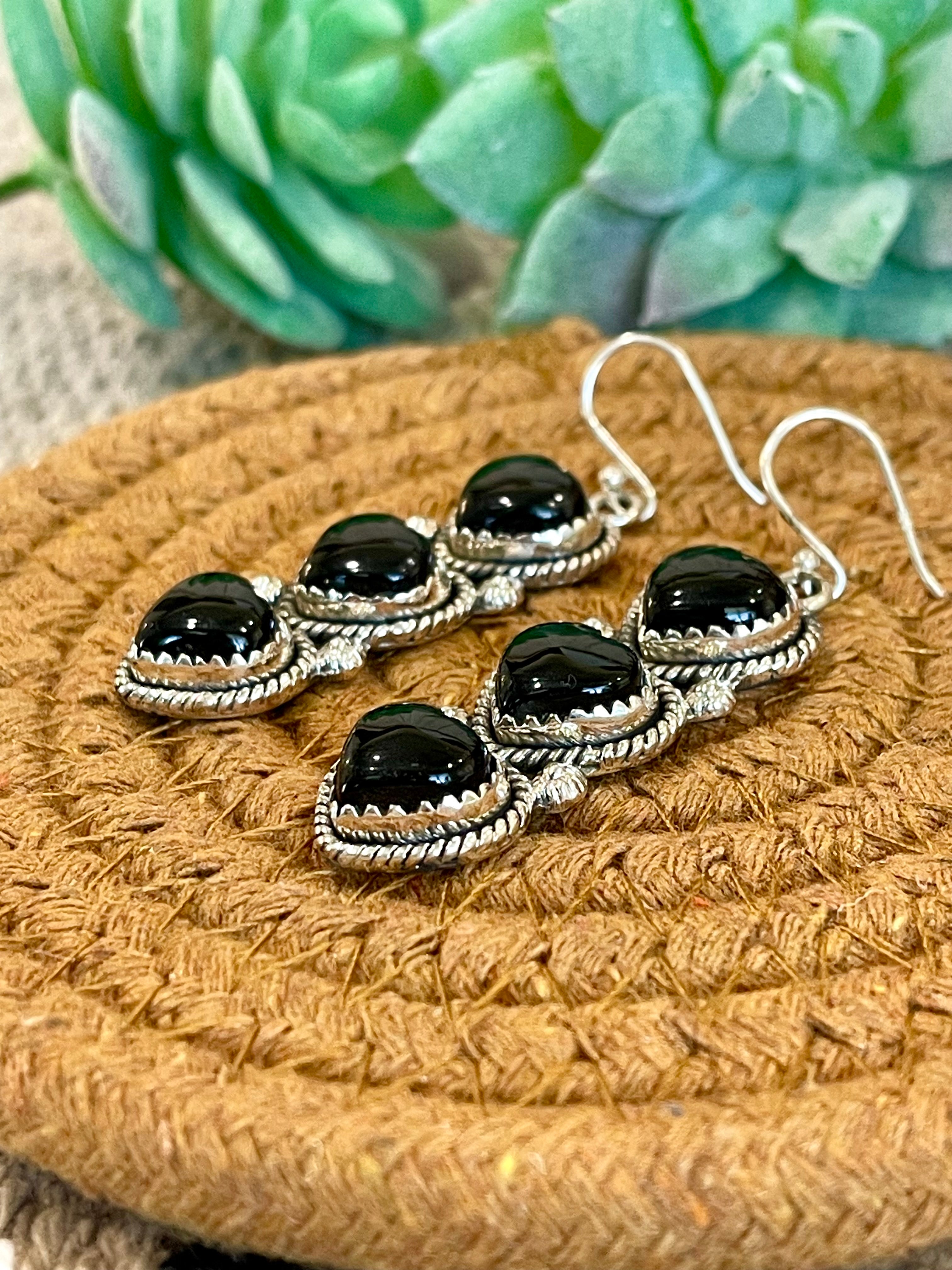 Southwest Handmade Black Onyx & Sterling Silver Post Dangle Heart Earrings