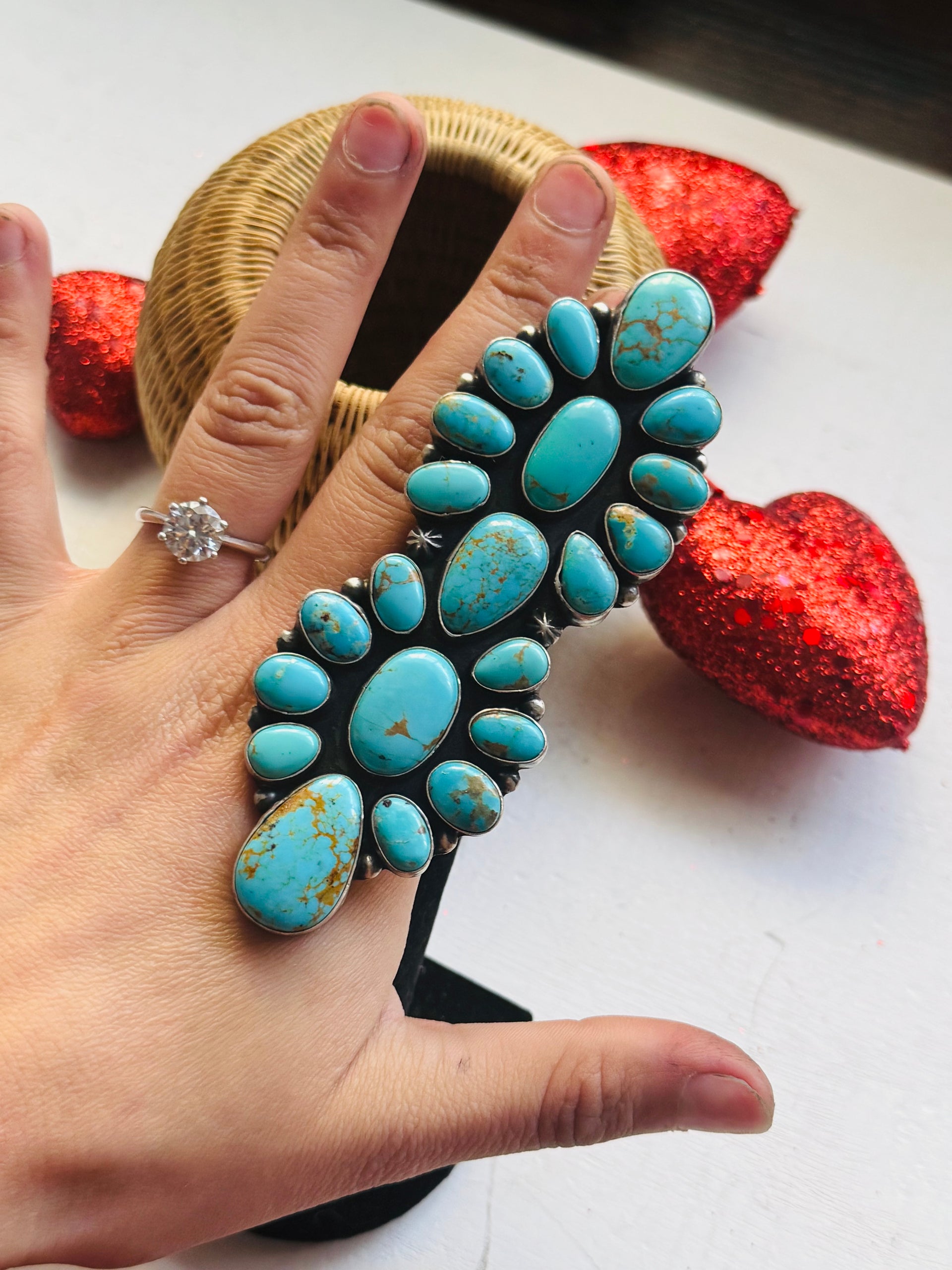 Navajo Made Kingman Turquoise & Sterling Silver Cluster Ring Size 7