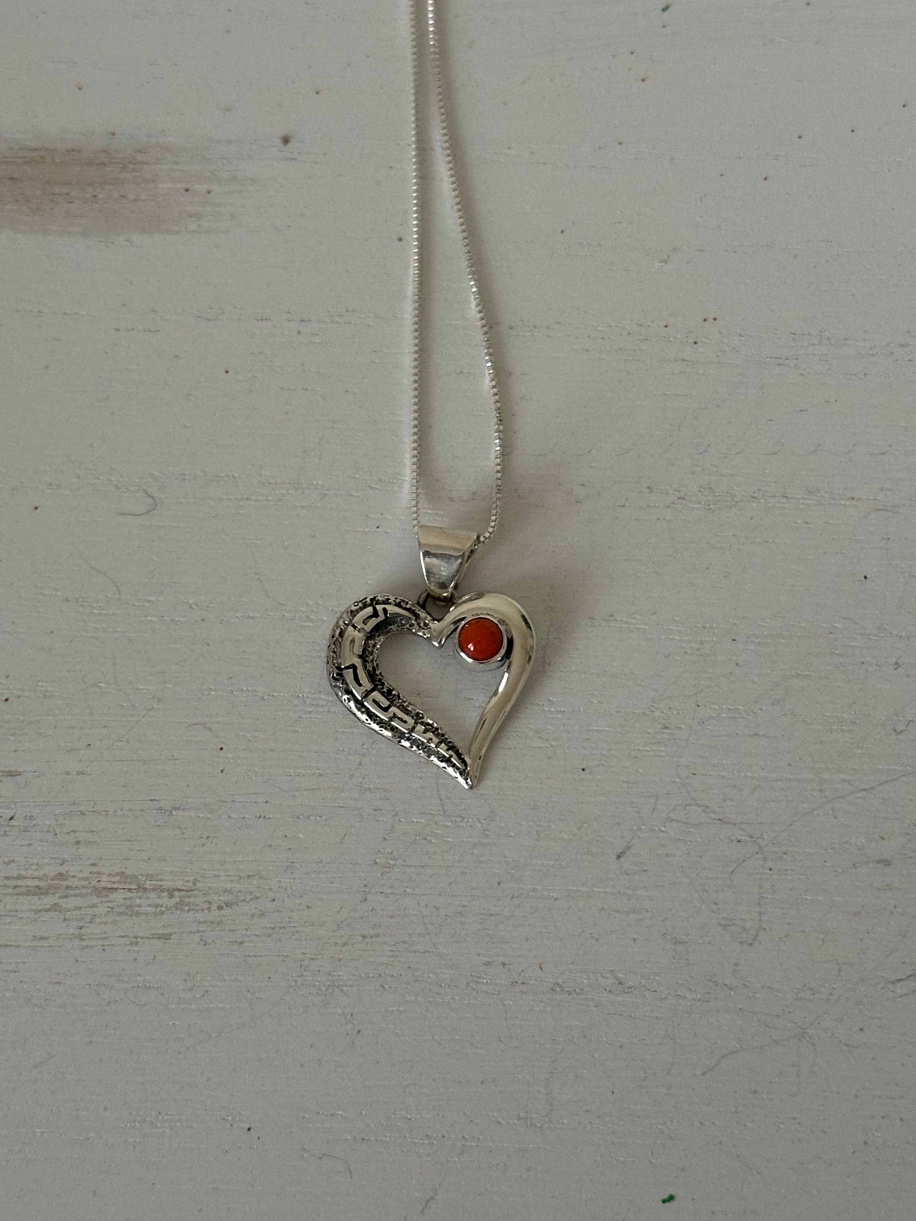 Navajo Made Coral & Sterling Silver Heart Necklace