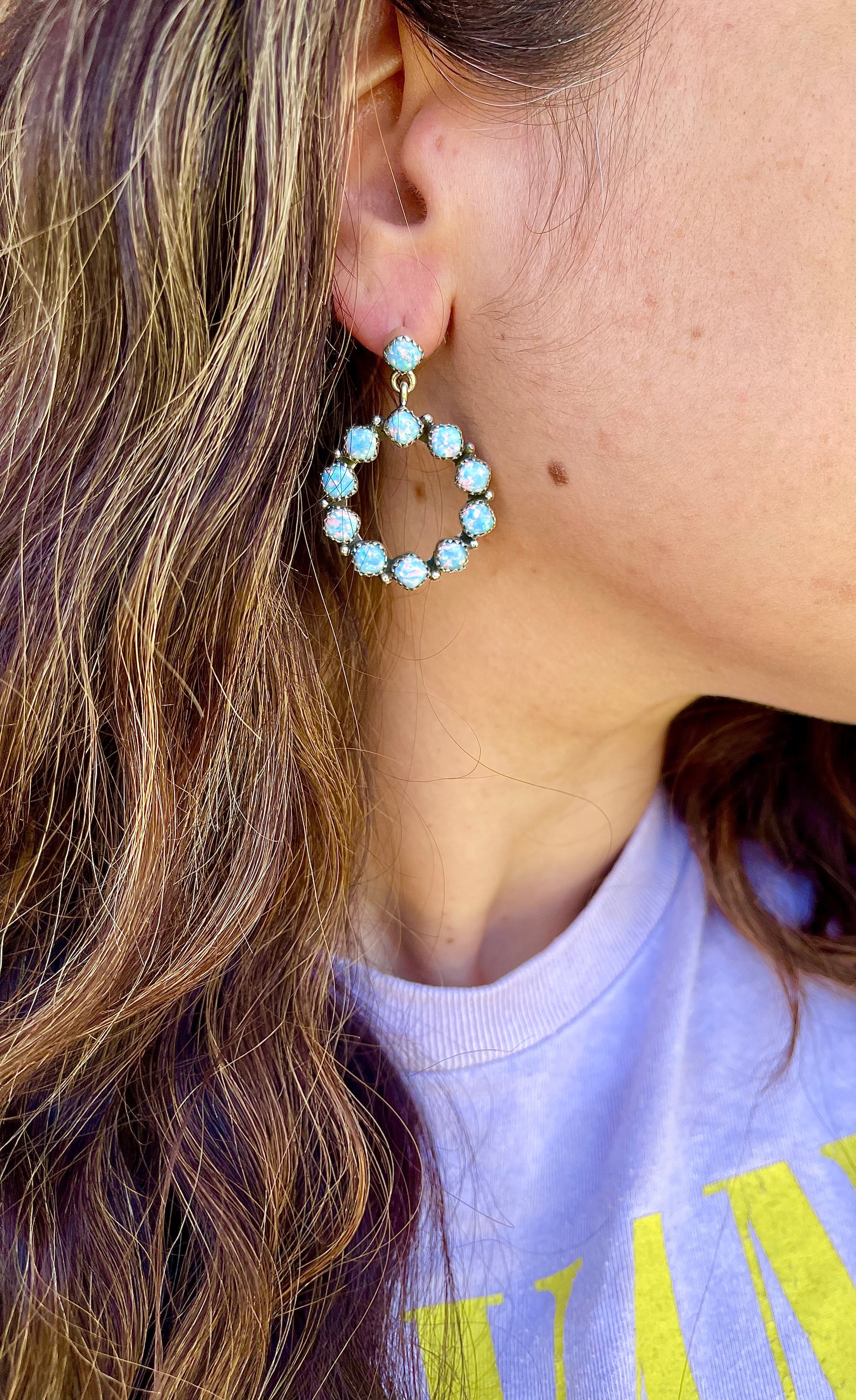 Southwest Handmade Blue Opal Post Circle Earrings