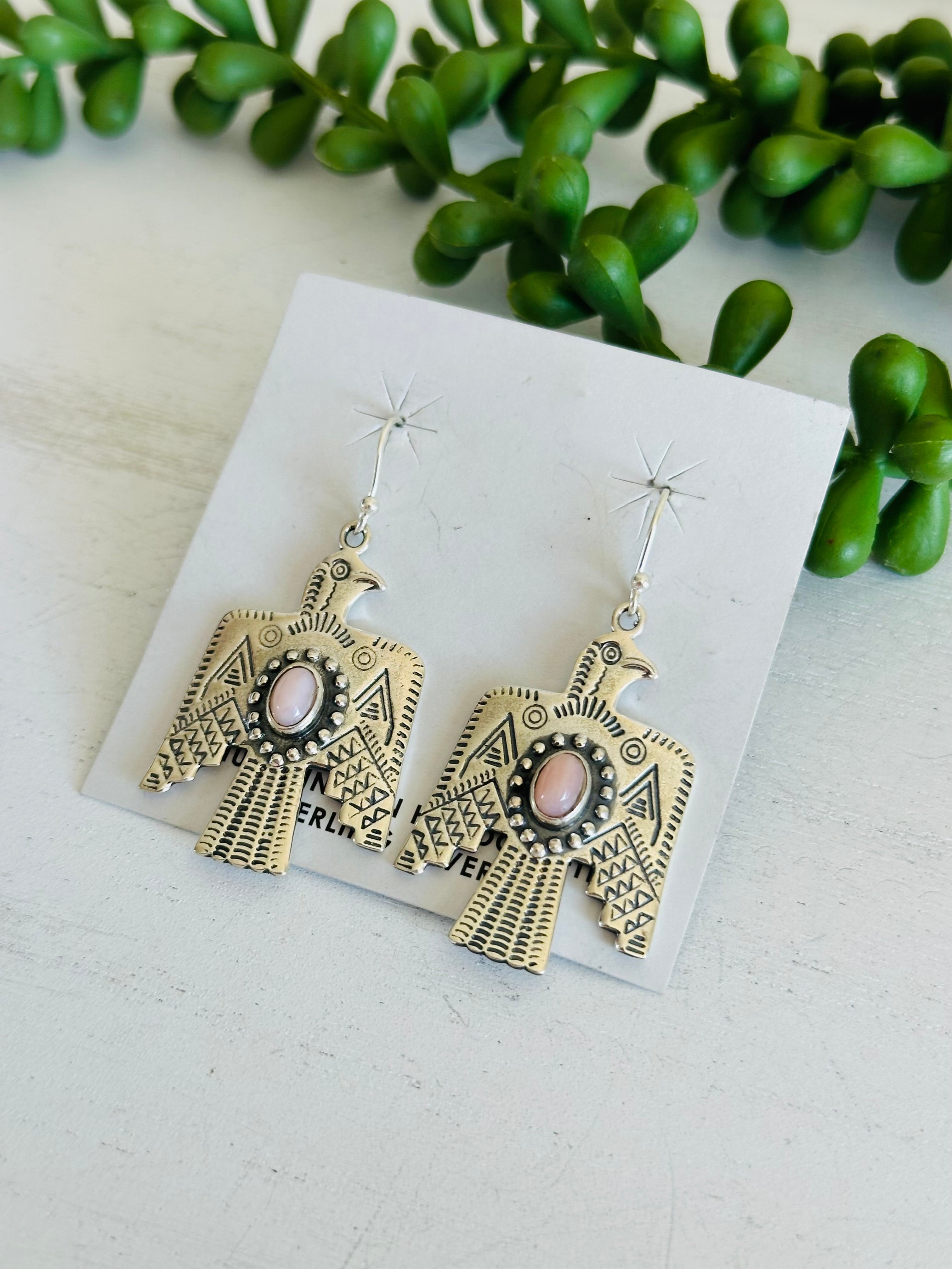 Southwest Handmade Peruvian Pink Opal & Sterling Silver Dangle Thunderbird Earrings