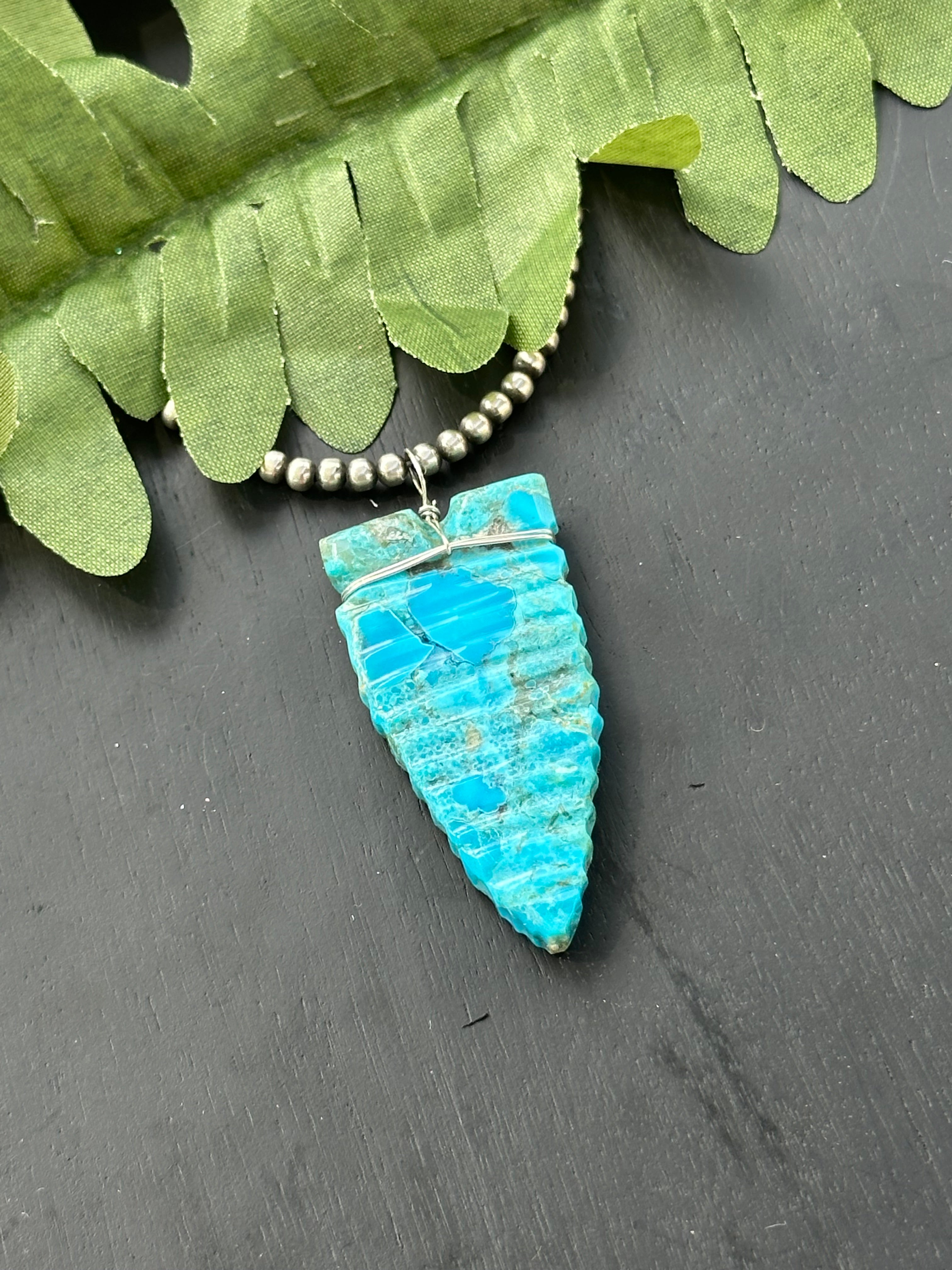 Navajo Handmade Kingman Turquoise Slab & Sterling Silver Arrow Pendant