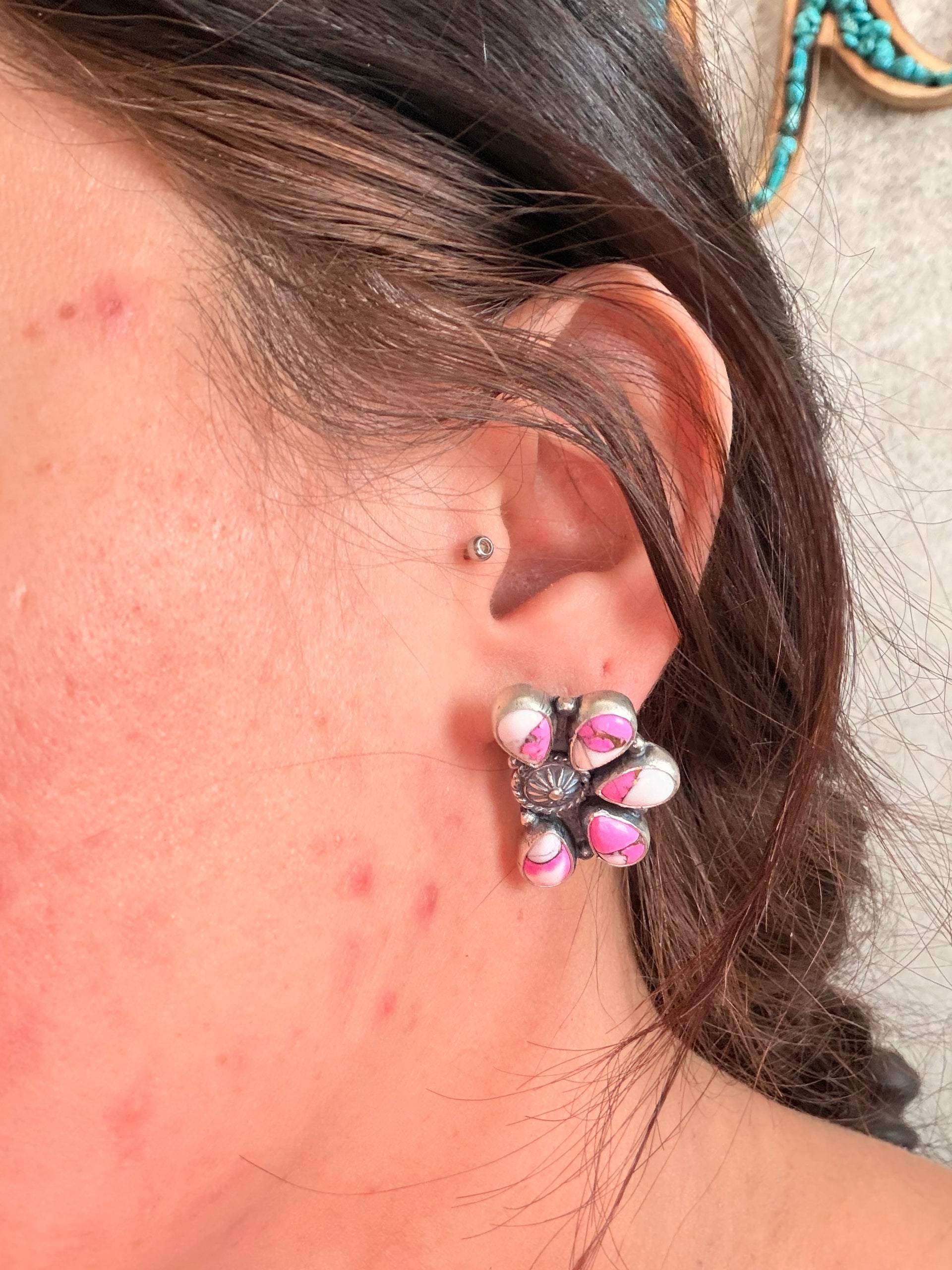Navajo Made Cotton Candy Dahlia & Sterling Silver Post Cluster Earrings