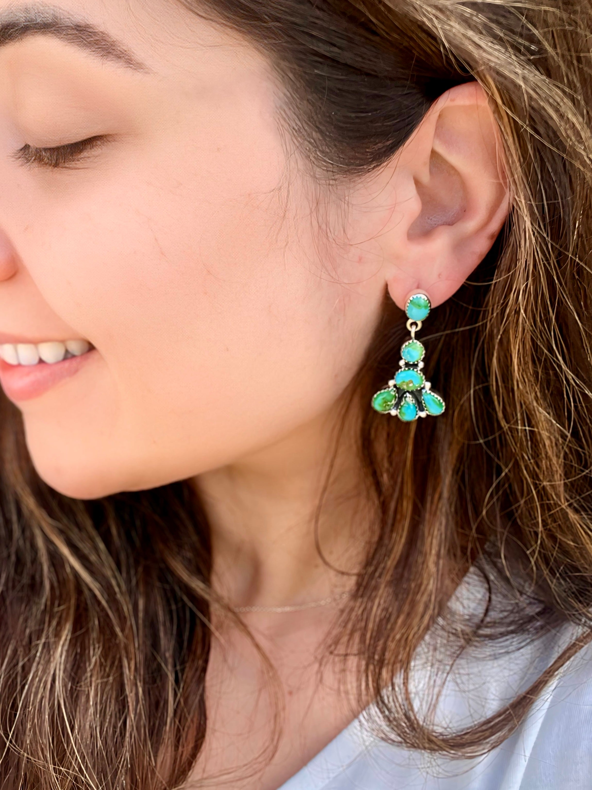 Southwest Handmade Sonoran Mountain Turquoise & Sterling Silver Post Cluster Dangle Earrings