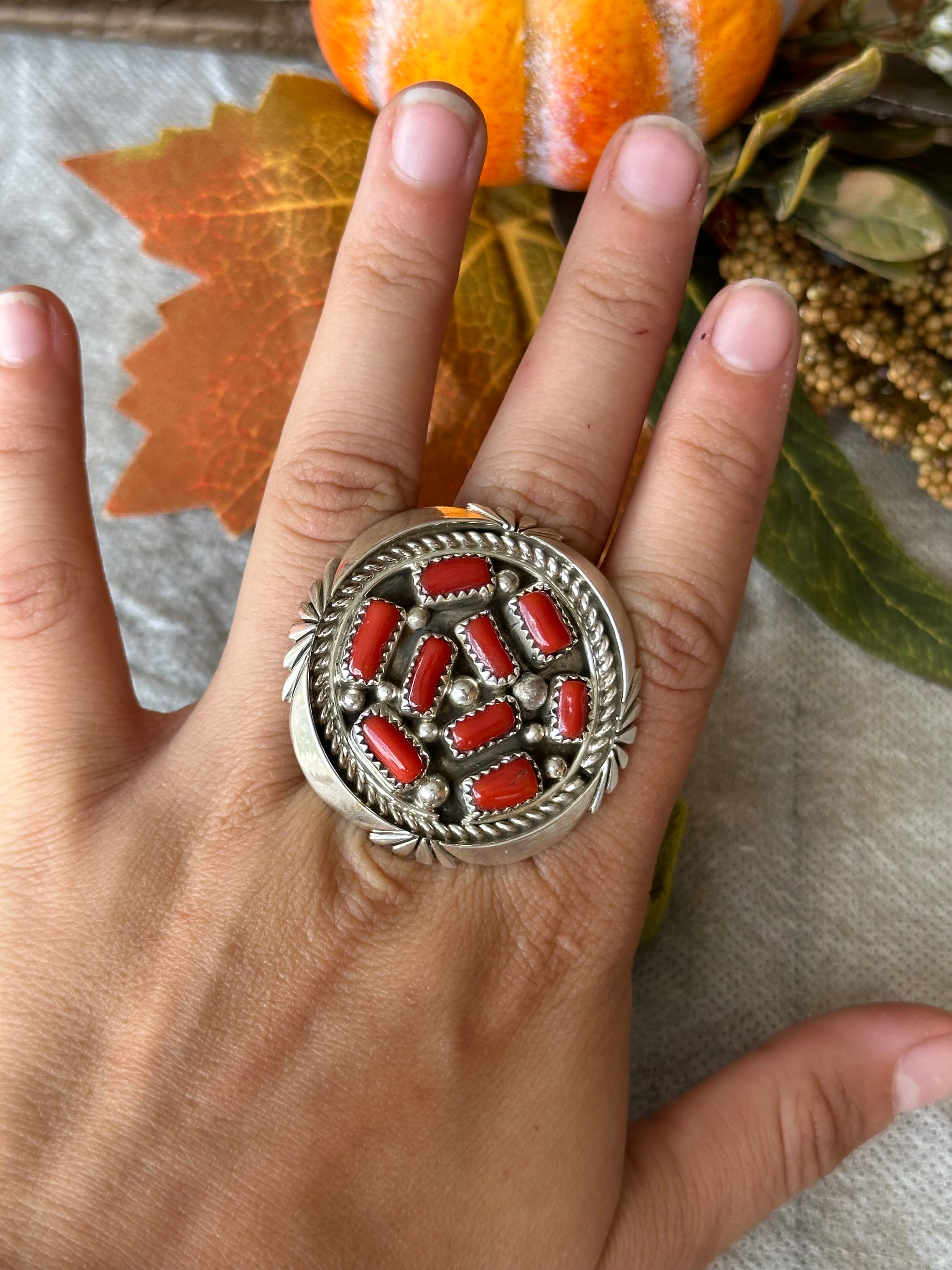 Navajo Handmade Red Coral & Sterling Silver Cluster Ring