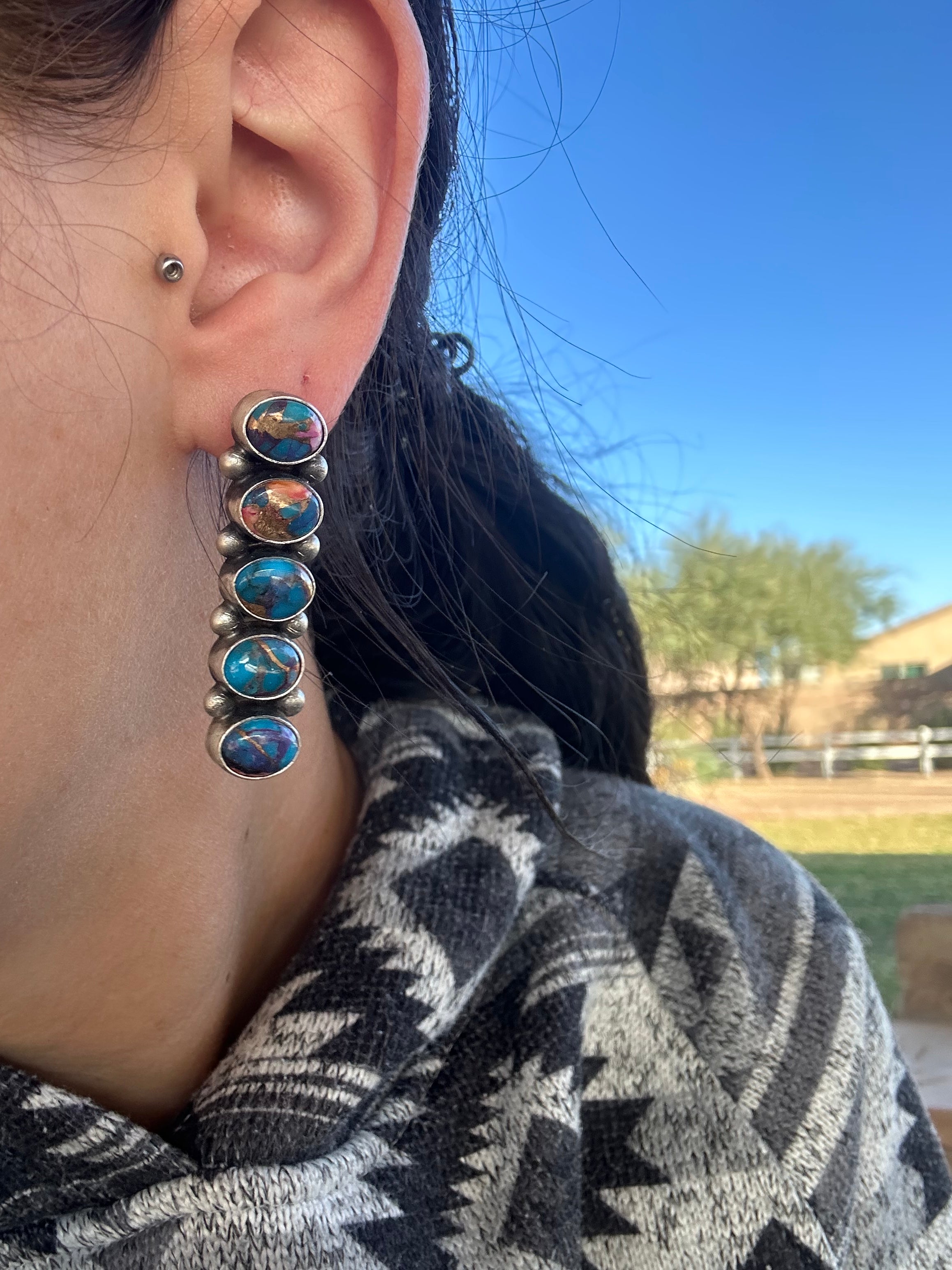 Navajo Made Mohave Turquoise & Sterling Silver Post Dangle Earrings