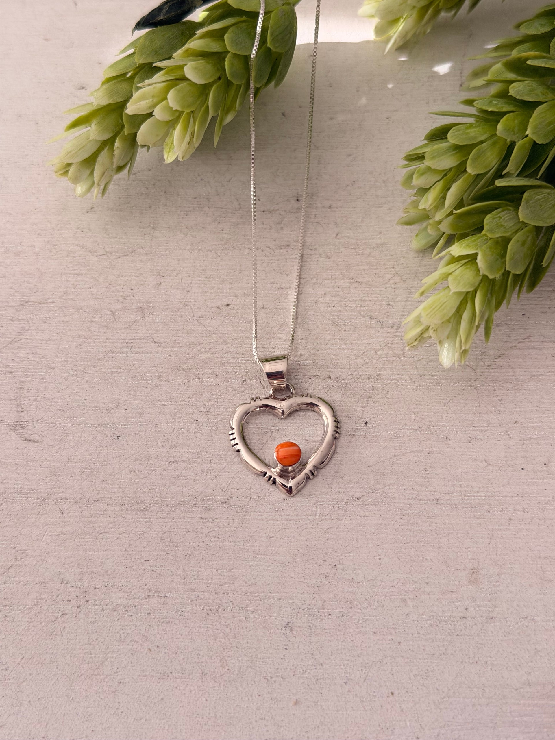 Navajo Made Spiny Oyster & Sterling Silver Heart Necklace/Pendant