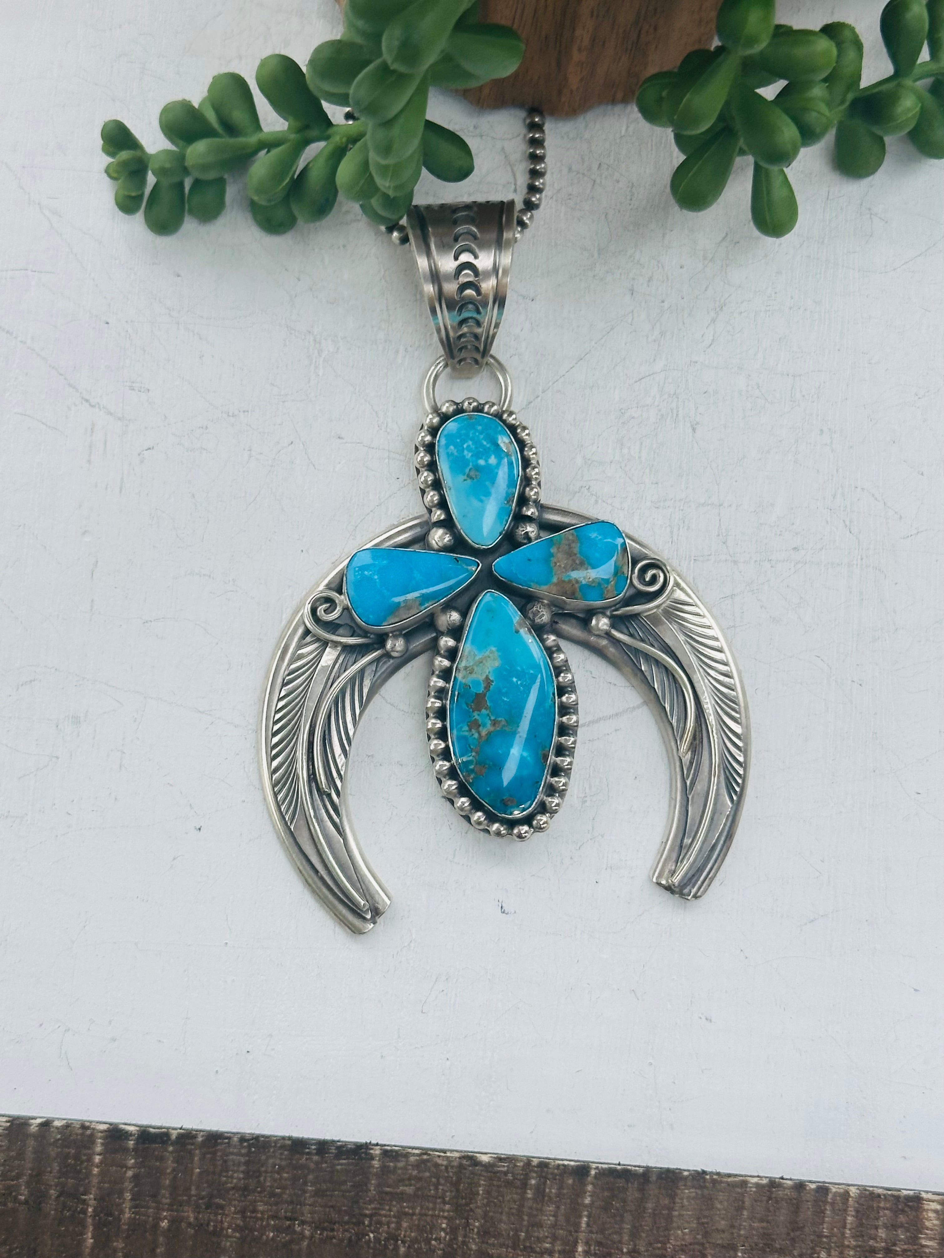 Navajo Made Kingman Turquoise & Sterling Silver Naja Pendant