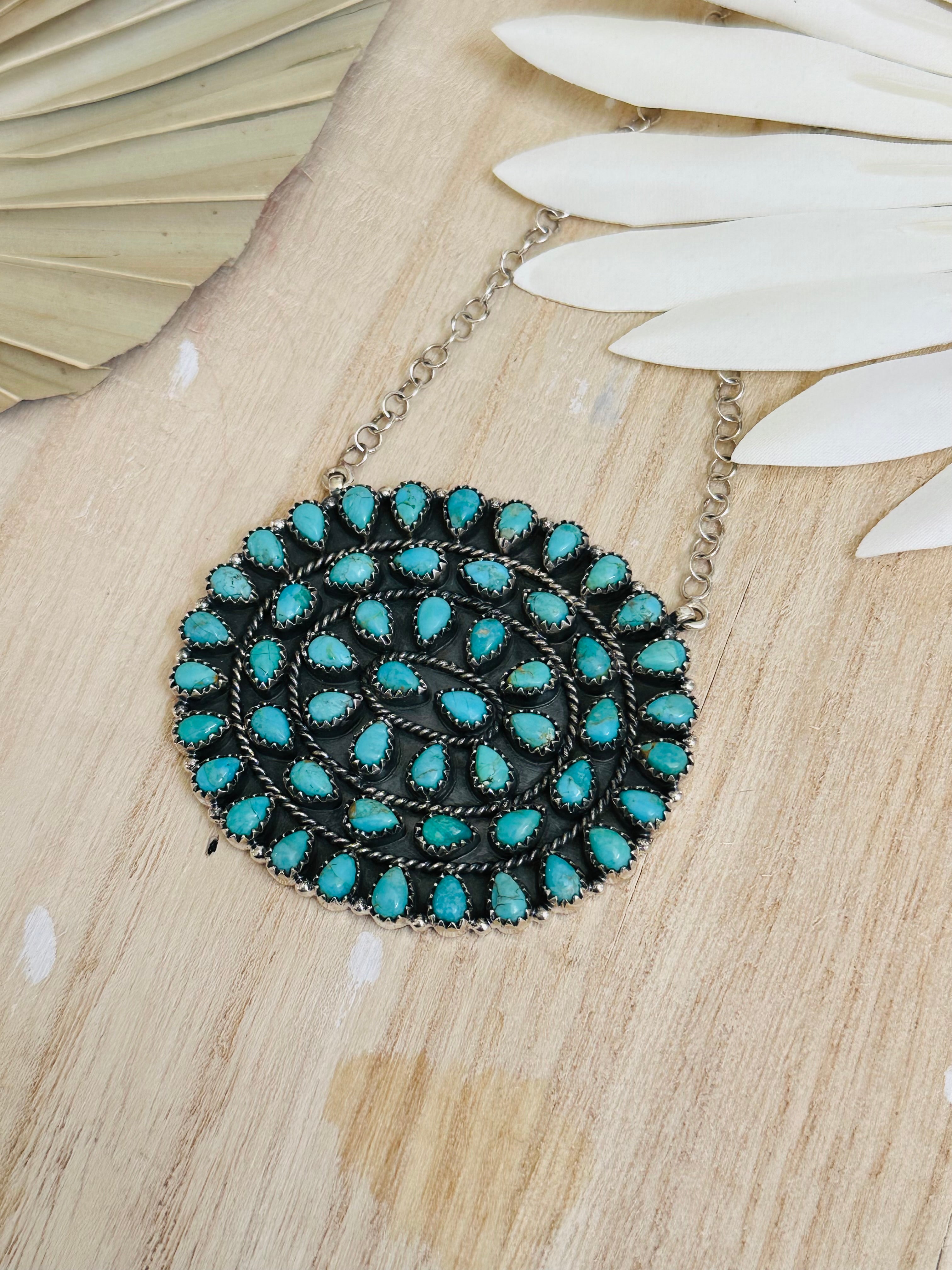 Southwest Handmade Kingman Turquoise & Sterling Silver Cluster Necklace