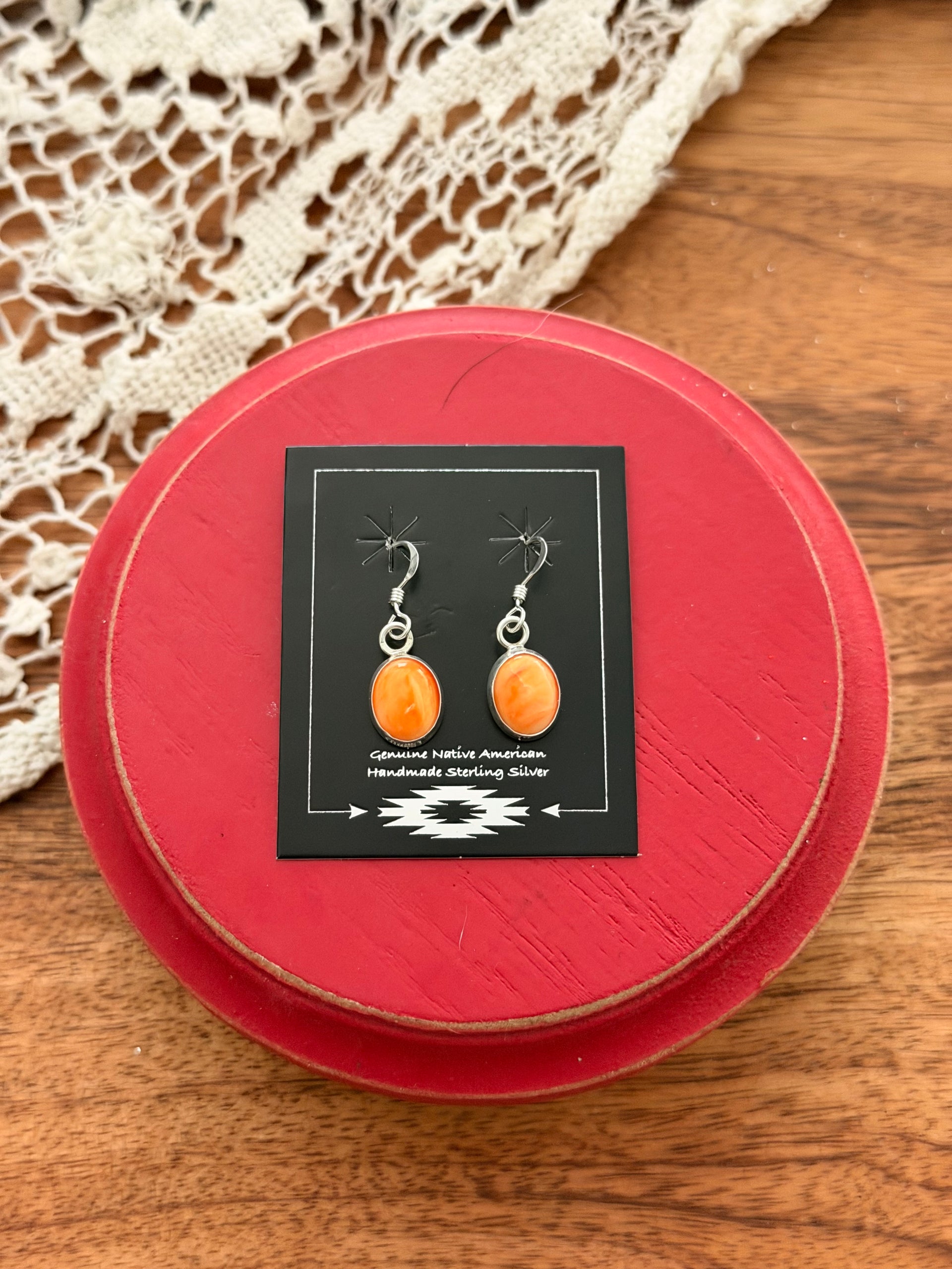 Navajo Handmade Spiny Oyster & Sterling Silver Dangle Earrings