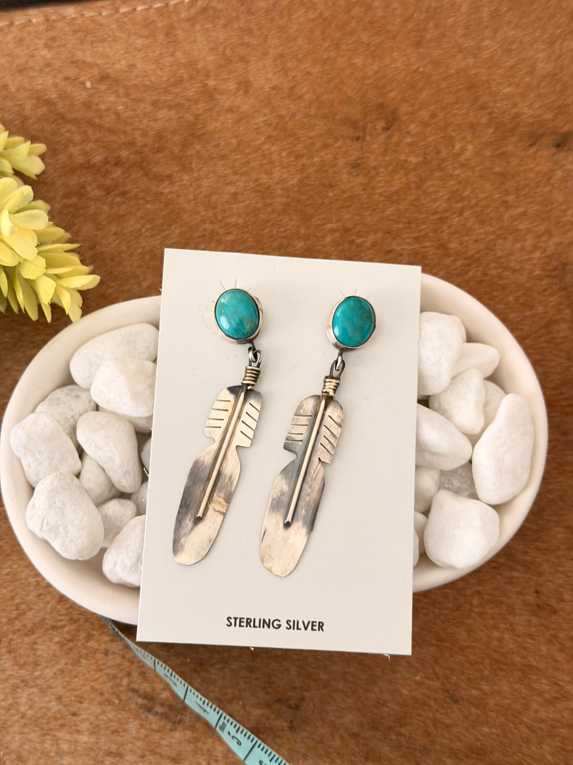 Kobe Martinez Kingman Turquoise & Sterling Silver Post Dangle Feather Earrings
