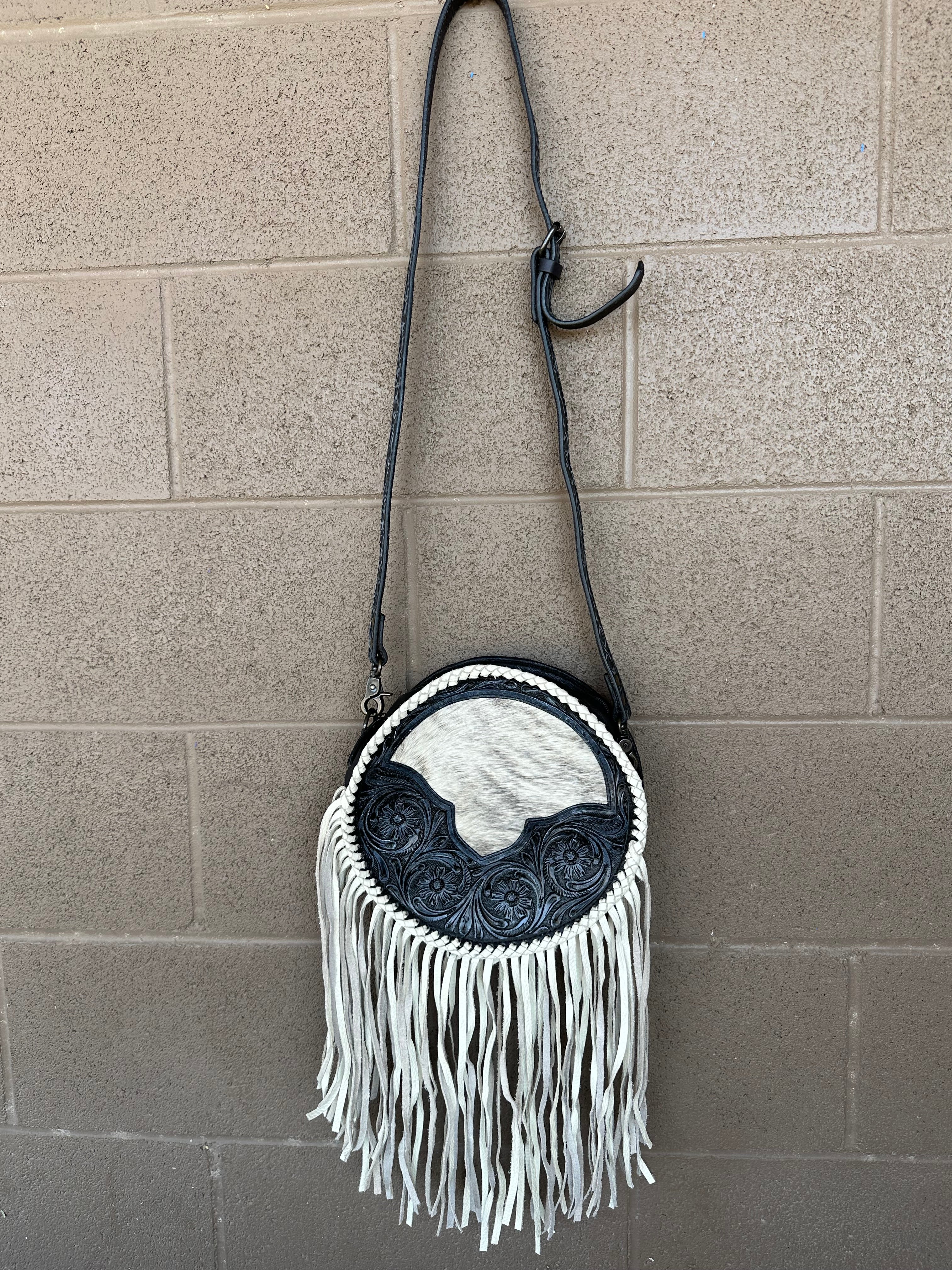 Genuine Tooled Leather & Cowhide Fringe Purse