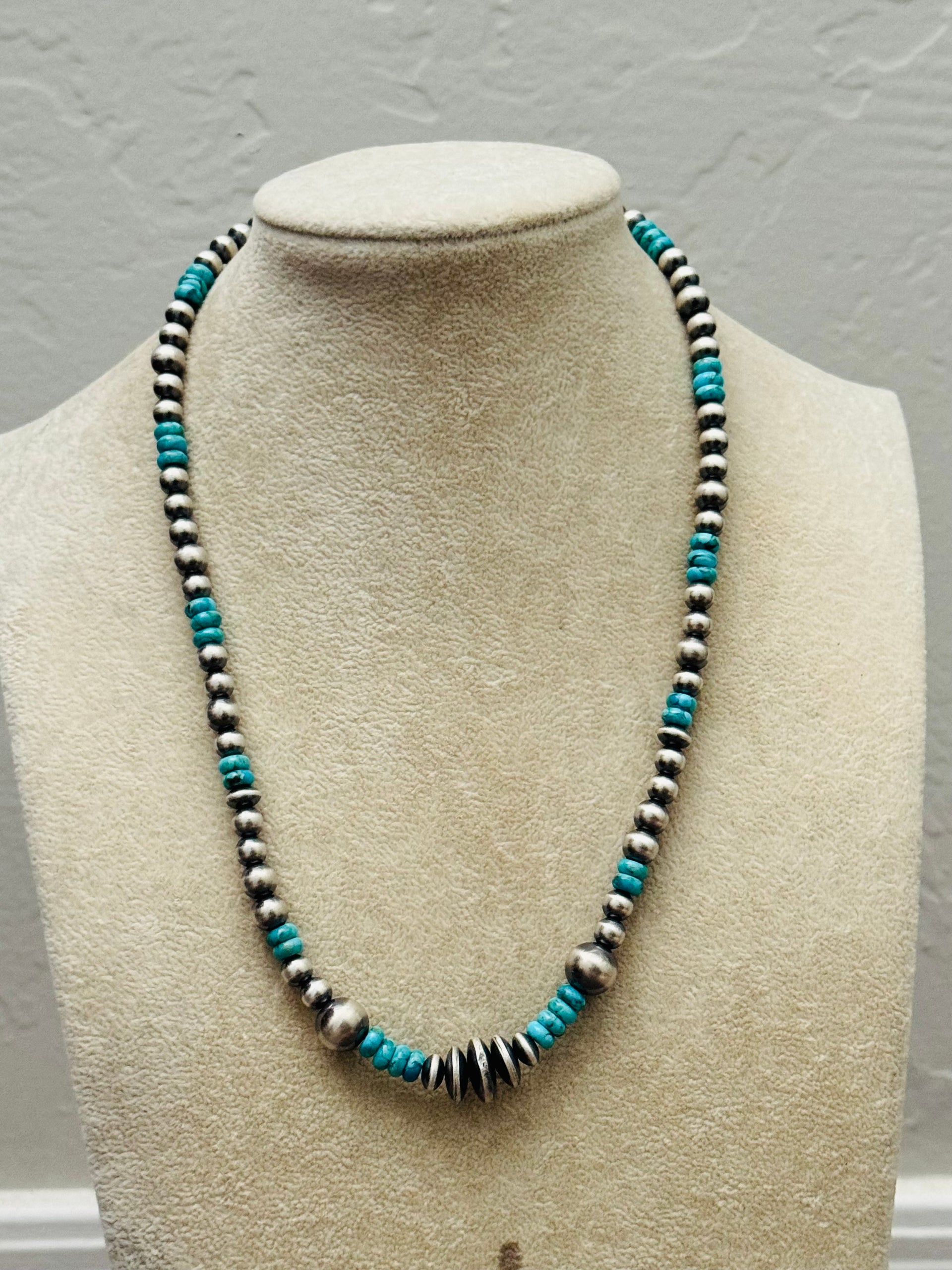 Navajo Strung Kingman Turquoise & Sterling Silver Graduated Beaded Pearl Necklace